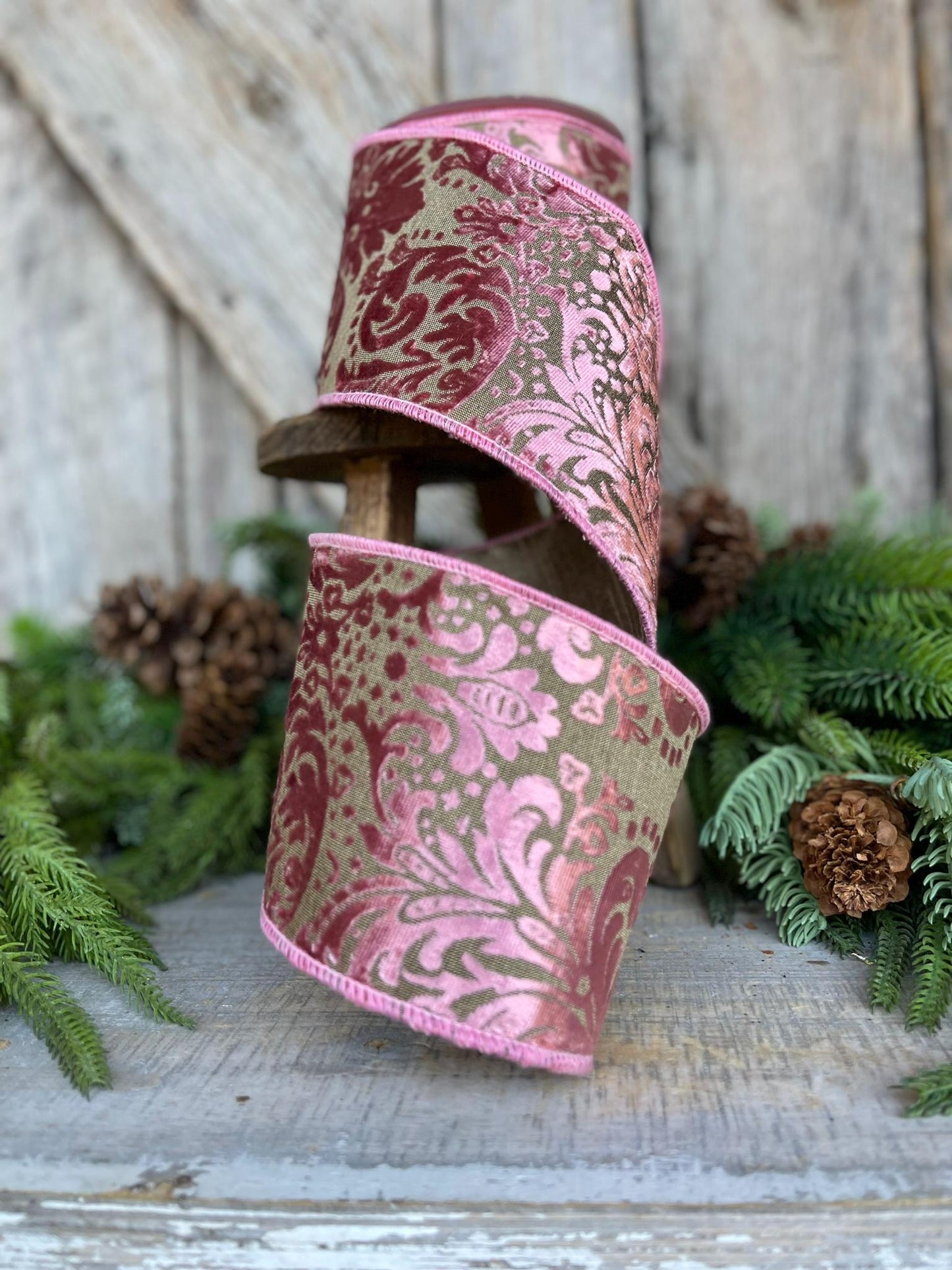 4" Rose Pink Velvet Filigree Christmas Ribbon, Mauve Velvet Ribbon