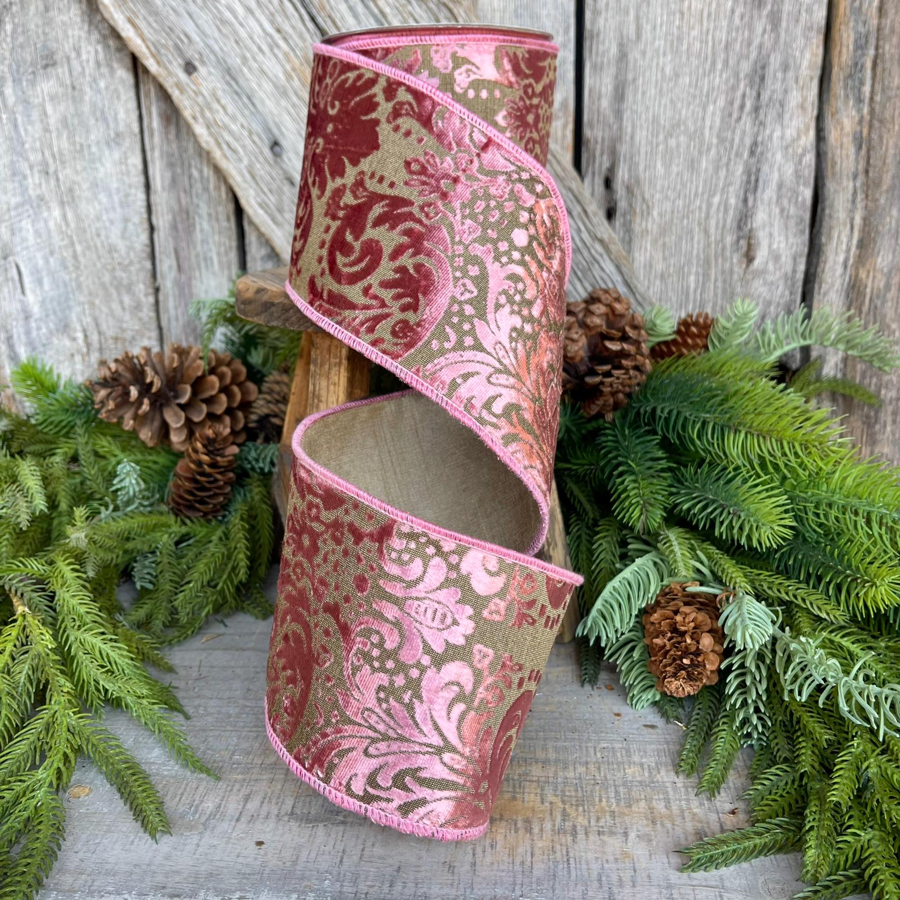 4" Rose Pink Velvet Filigree Christmas Ribbon, Mauve Velvet Ribbon