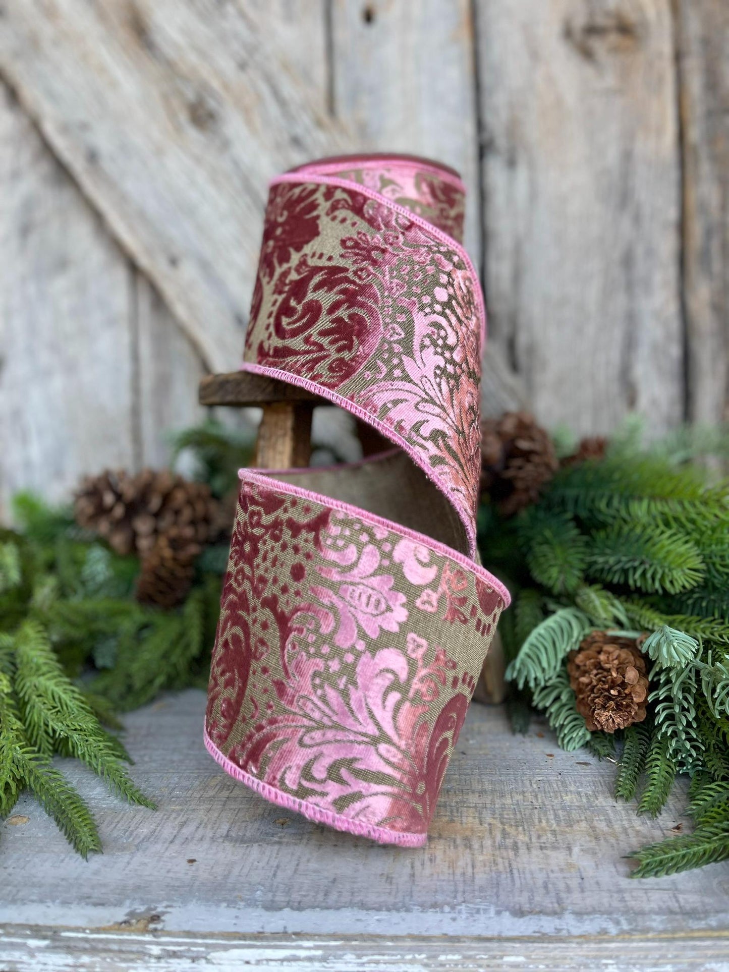 4" Rose Pink Velvet Filigree Christmas Ribbon, Mauve Velvet Ribbon