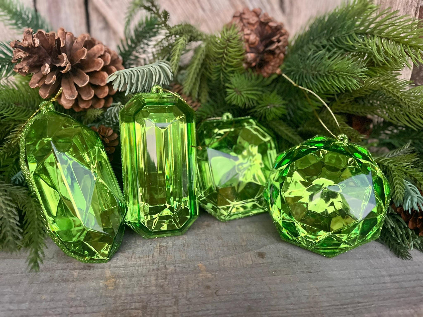 Lime Green Jewel Ornament Set of 4, Green Jewel Ornaments