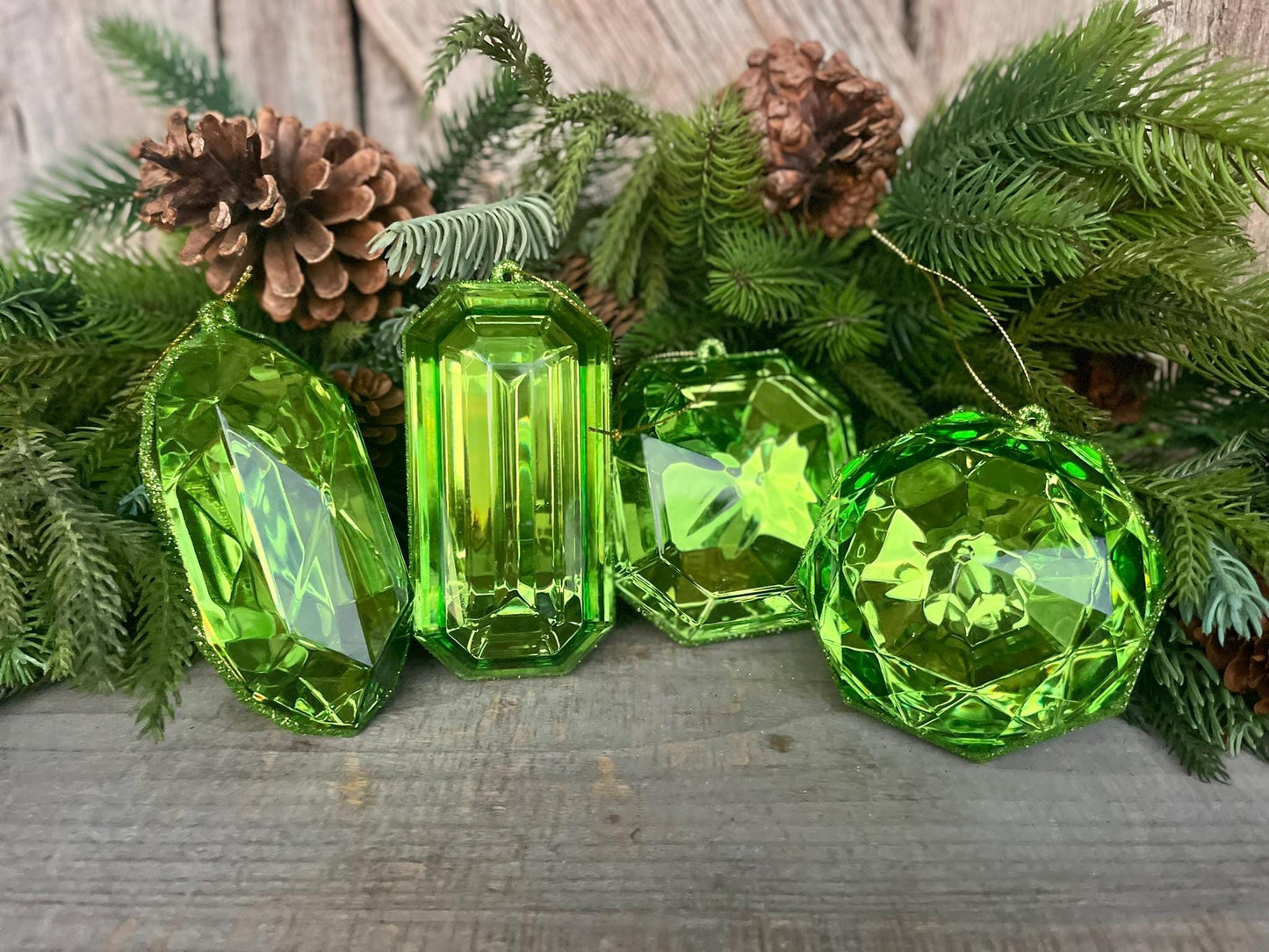 Lime Green Jewel Ornament Set of 4, Green Jewel Ornaments