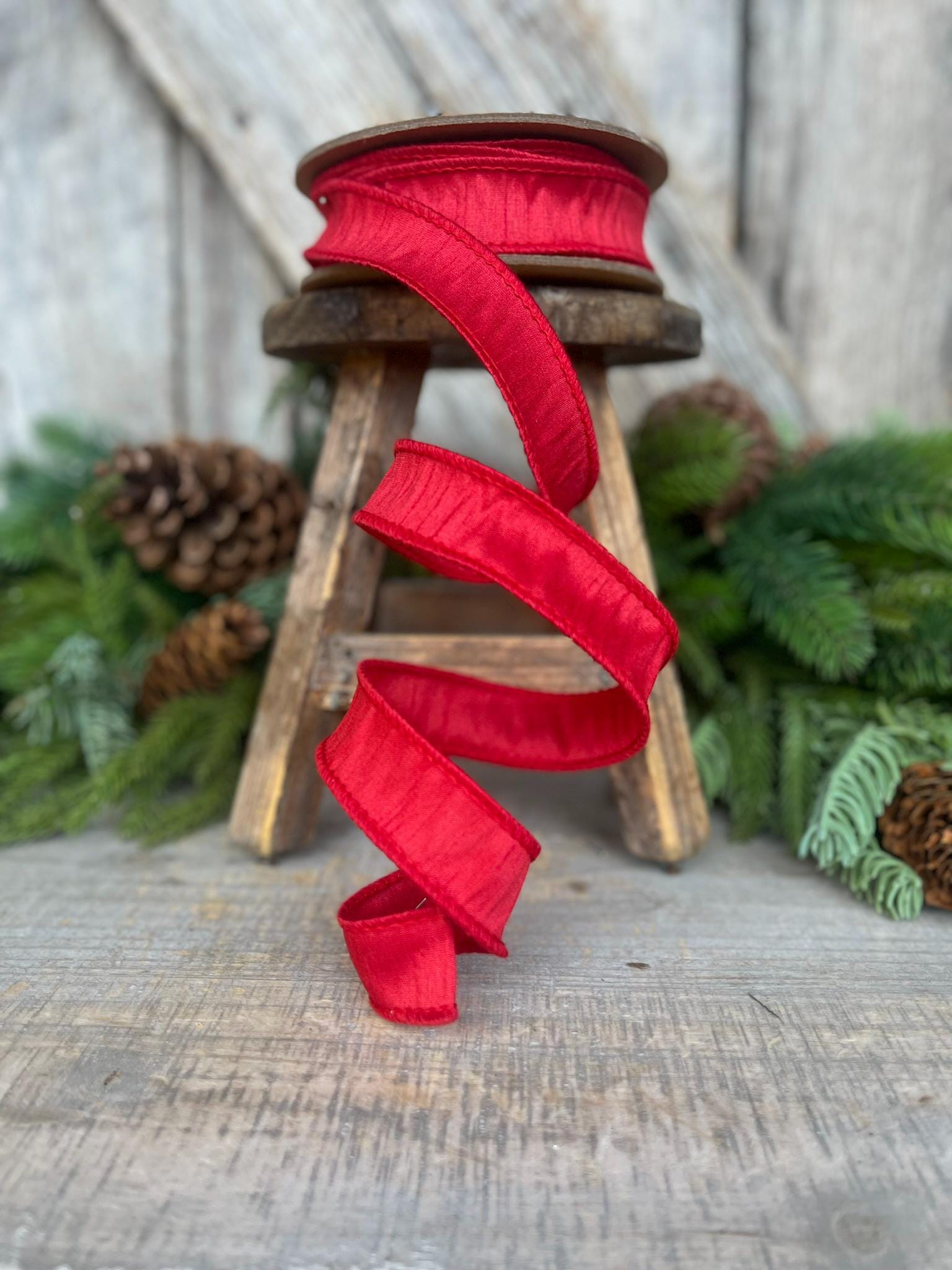 1” Red Dupion Ribbon, Farrisilk ribbon, wired ribbon, Christmas Ribbon, Patriotic Ribbon, Red ribbon, Red Dupion Ribbon, Gift Wrap Ribbon