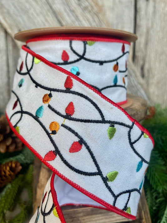 2.5" Christmas Ribbon, Christmas Lights Ribbon, Christmas wired ribbon, Christmas tree ribbon, christmas light decor