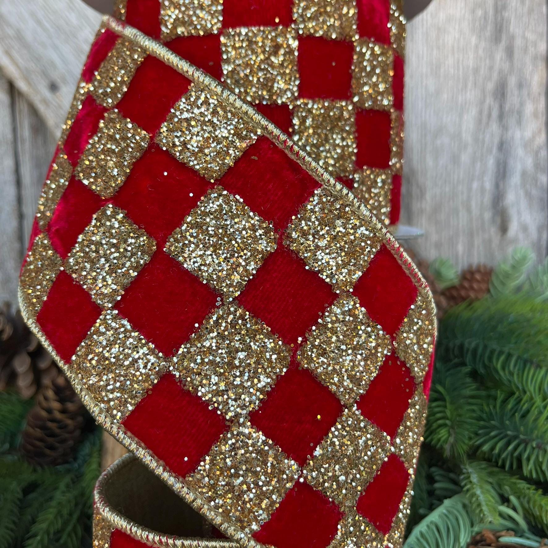 4" Red Gold Ribbon Glitter Checks, Christmas Tree Ribbon