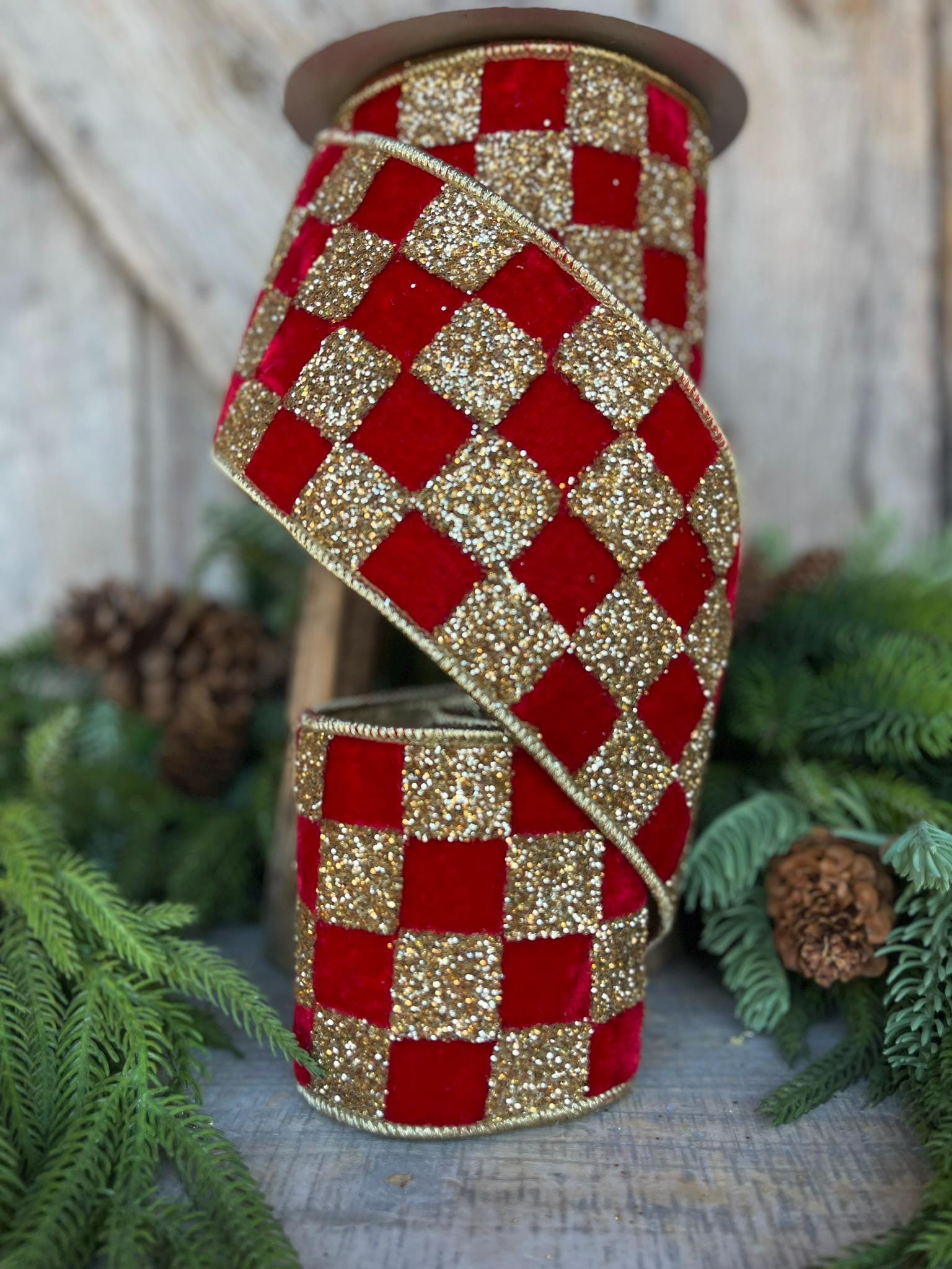 4" Red Gold Ribbon Glitter Checks, Christmas Tree Ribbon