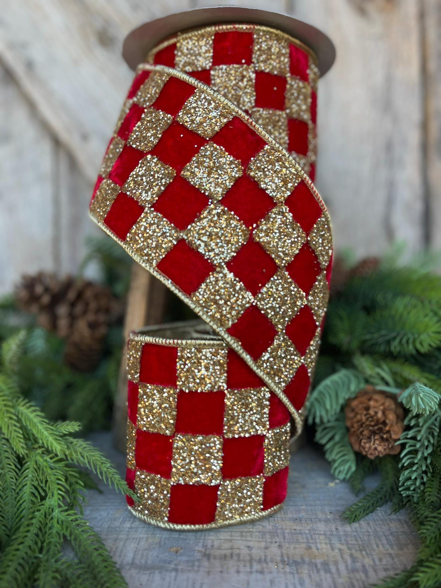 4" Red Gold Ribbon Glitter Checks, Christmas Tree Ribbon