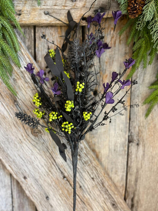 24" Halloween Purple Lime Green Floral Spray, 60919, Black MIxed Leaf Spray, Halloween Greenery, FH807176