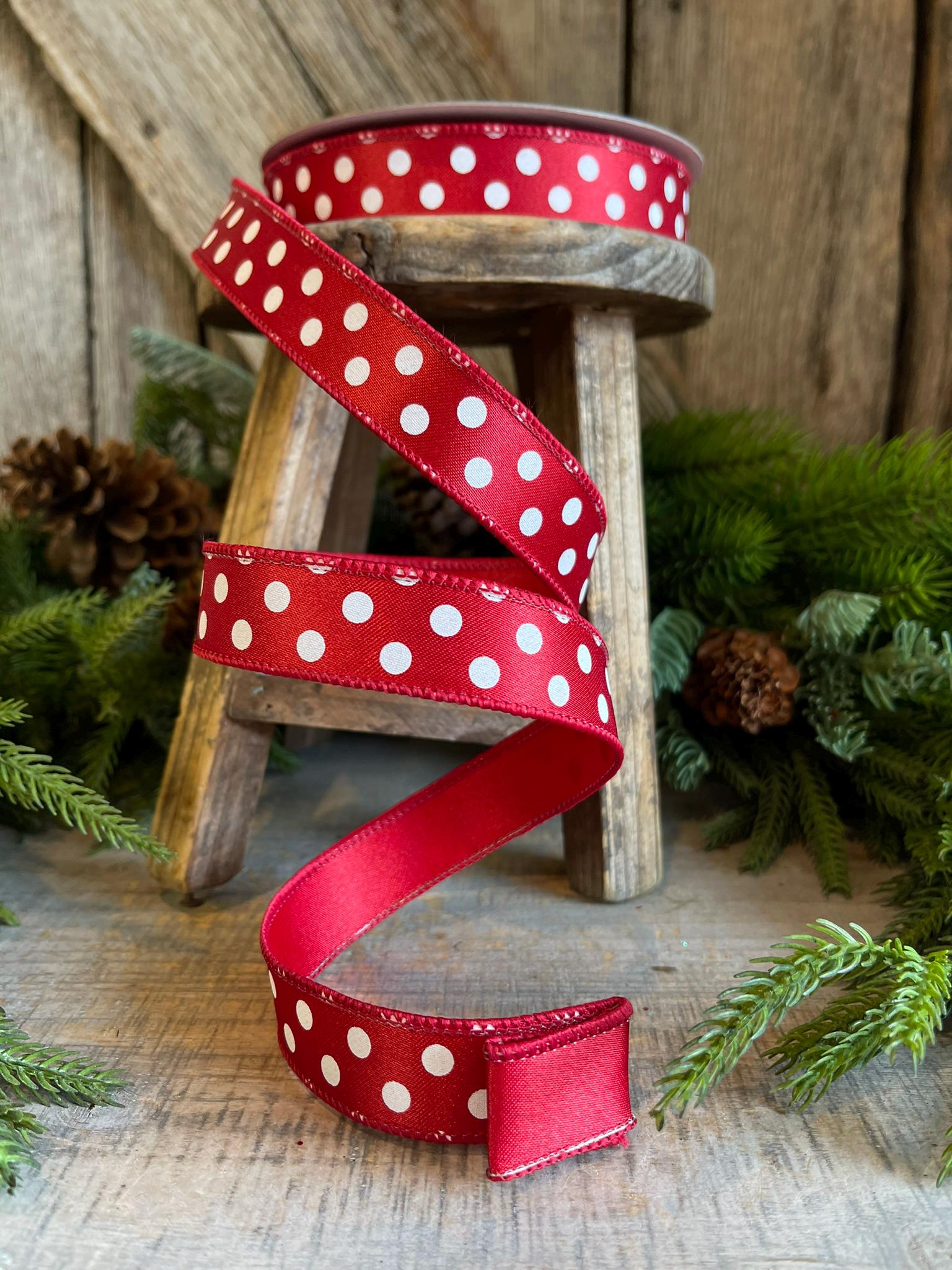 1" Red and White Polka dot ribbon, Farrislk Mini Dots