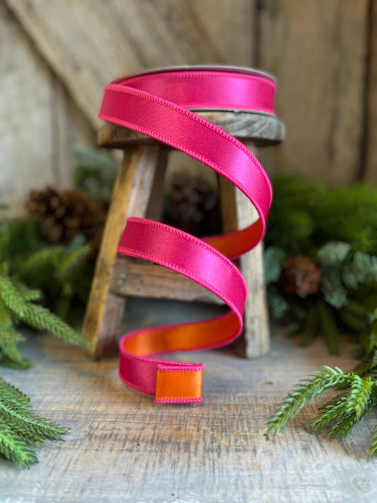 1" Pink Orange Satin Ribbon, Farrisilk Ribbon, Wired Ribbon, Pink Ribbon, Pink Orange Ribbon, Double Sided Ribbon, Christmas, RS162-52