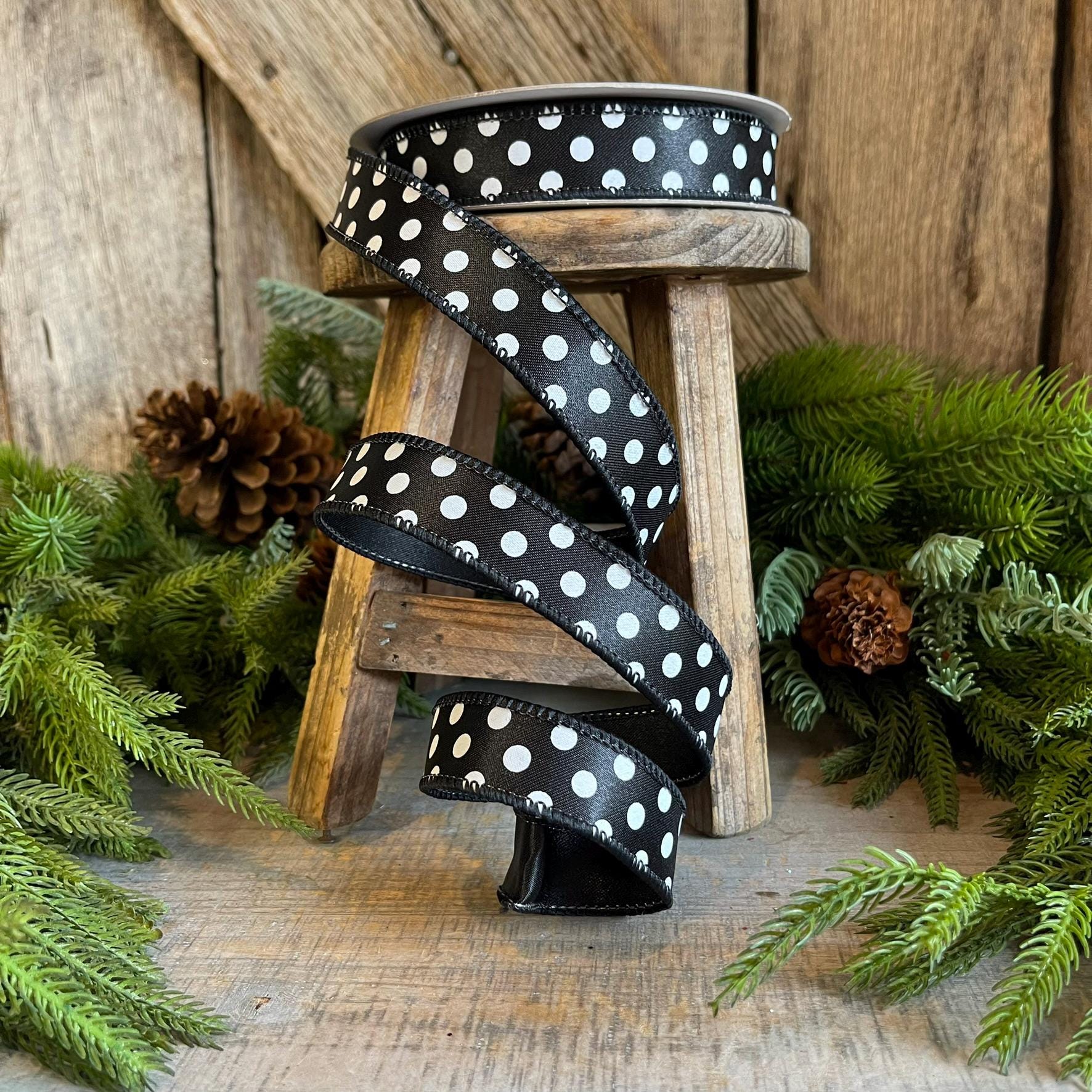 1" Black White Mini Dots, Farrisilk Ribbon