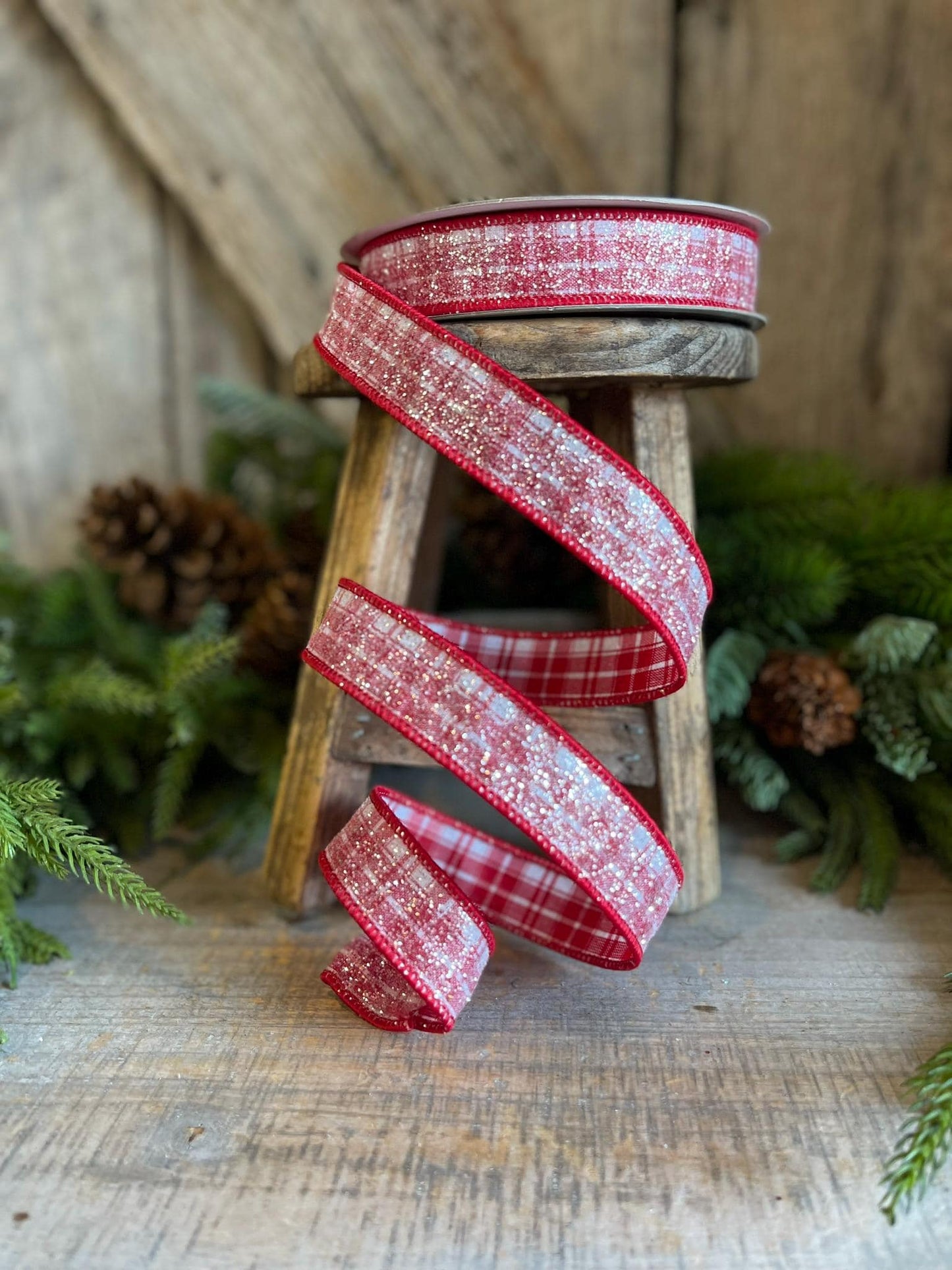 1" Sugar Candy Plaid Wired Ribbon, Farrisilk Ribbon