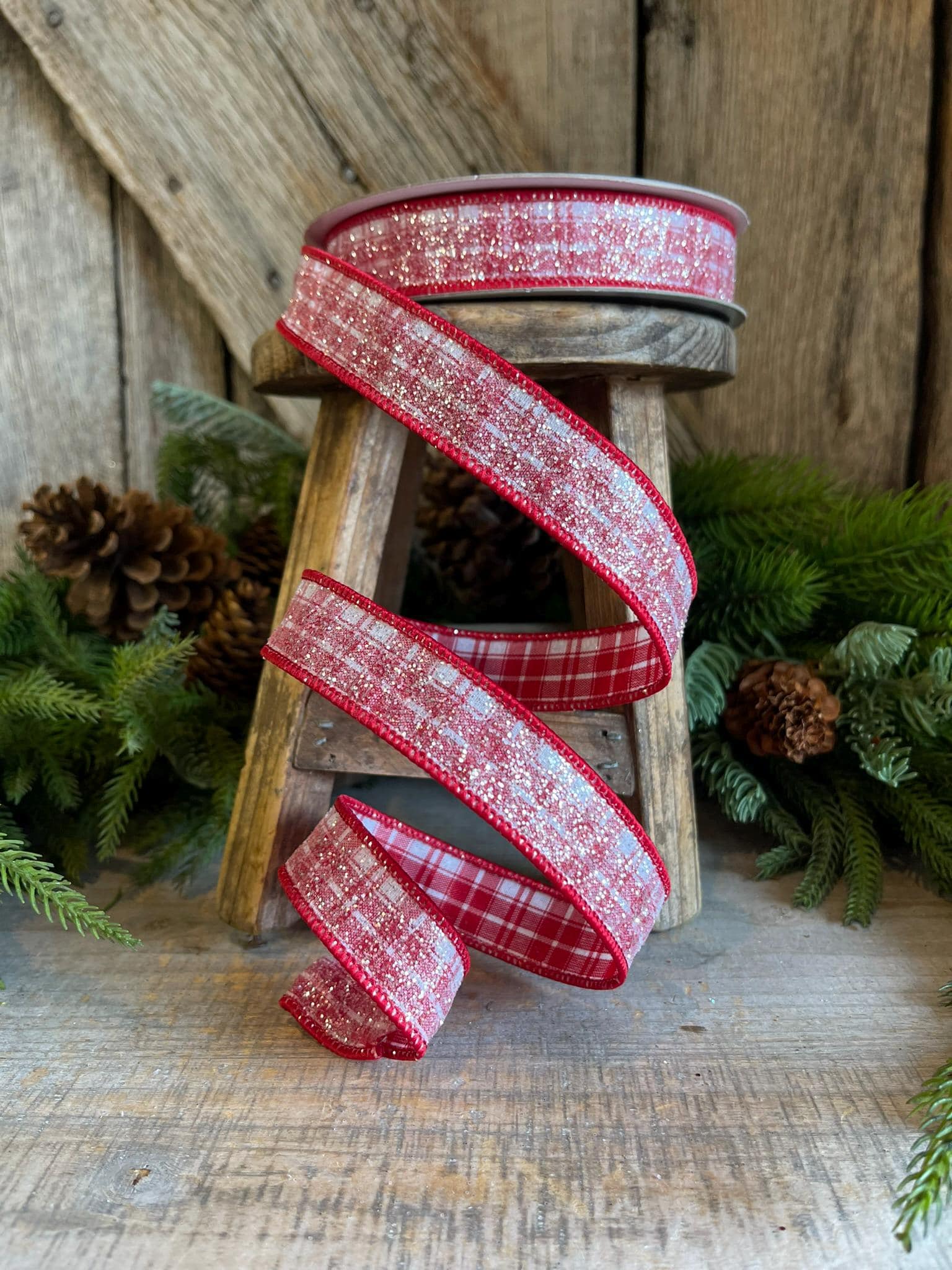 1" Sugar Candy Plaid Wired Ribbon, Farrisilk Ribbon