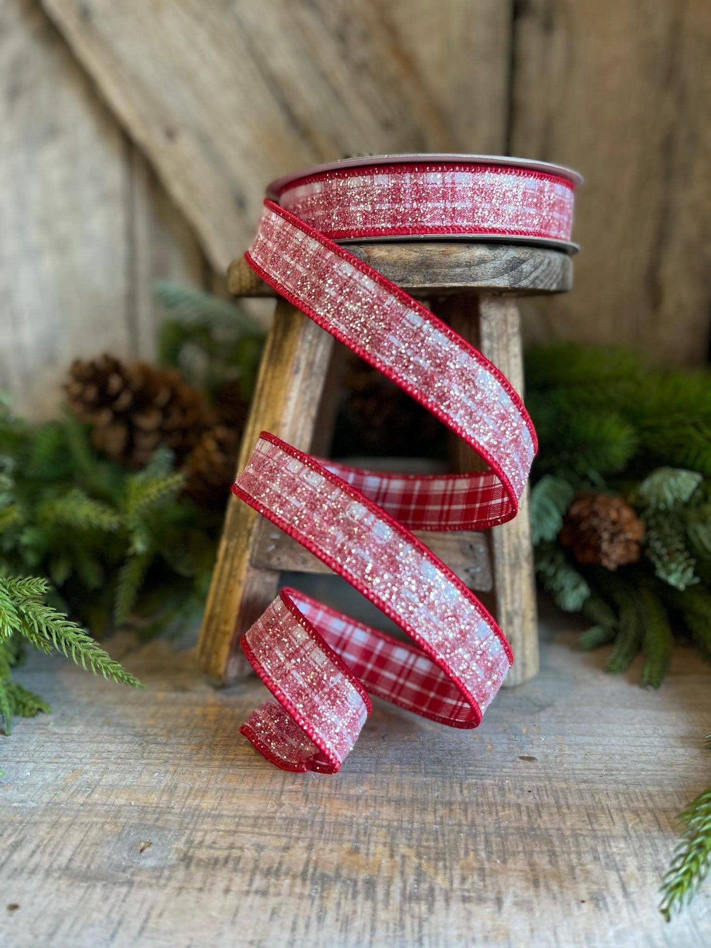 1" Sugar Candy Plaid Wired Ribbon, Farrisilk Ribbon