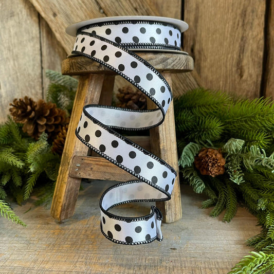 1" White & Black Mini Dots, Farrisilk Ribbon, Polka Dot RIbbon, Wired Ribbon, Designer RIbbon, Mini Dots, Black Polka Dots, RD867-43