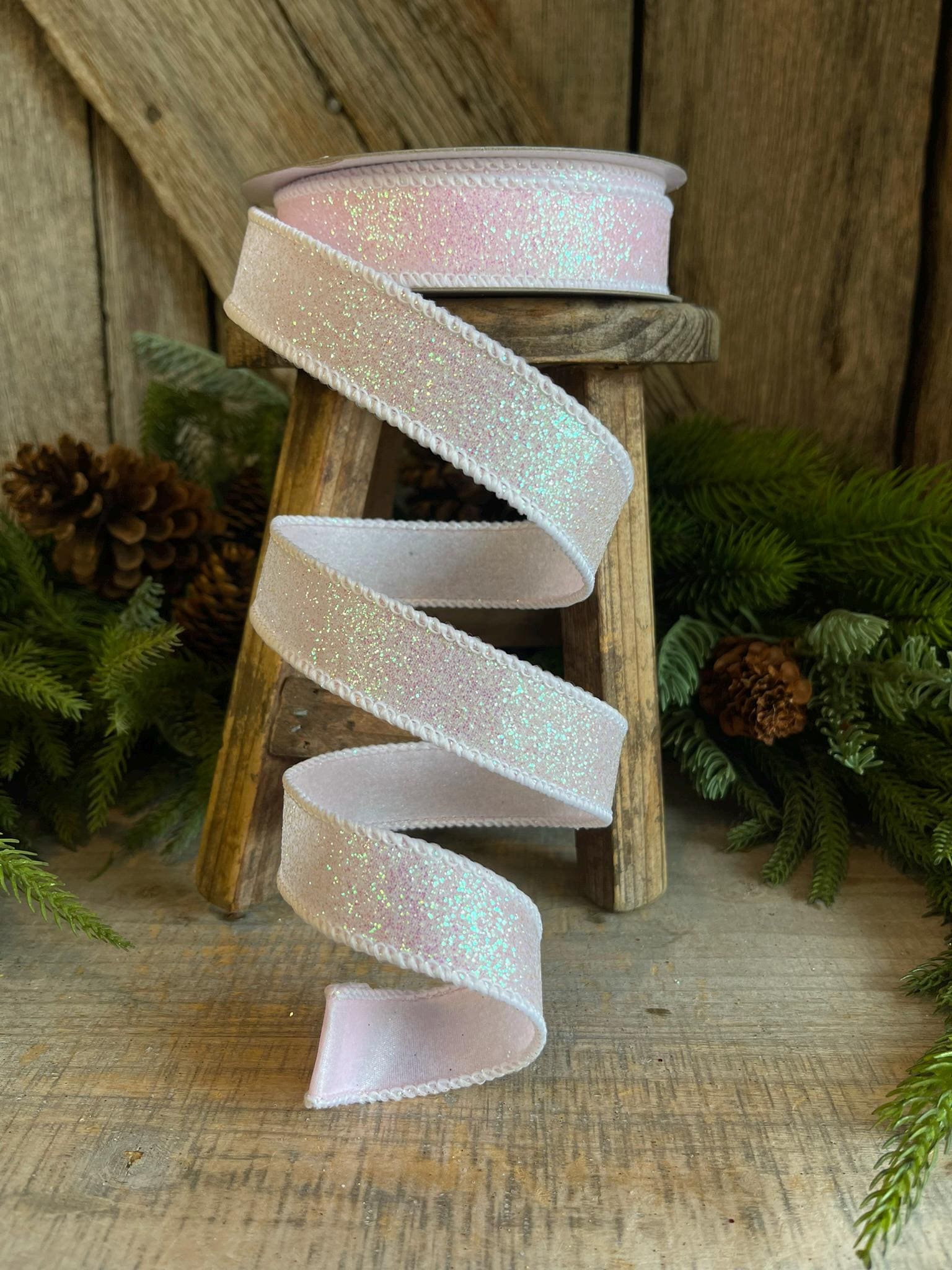 1" White Iridescent Sugar Frost Ribbon, Farrisilk Ribbon