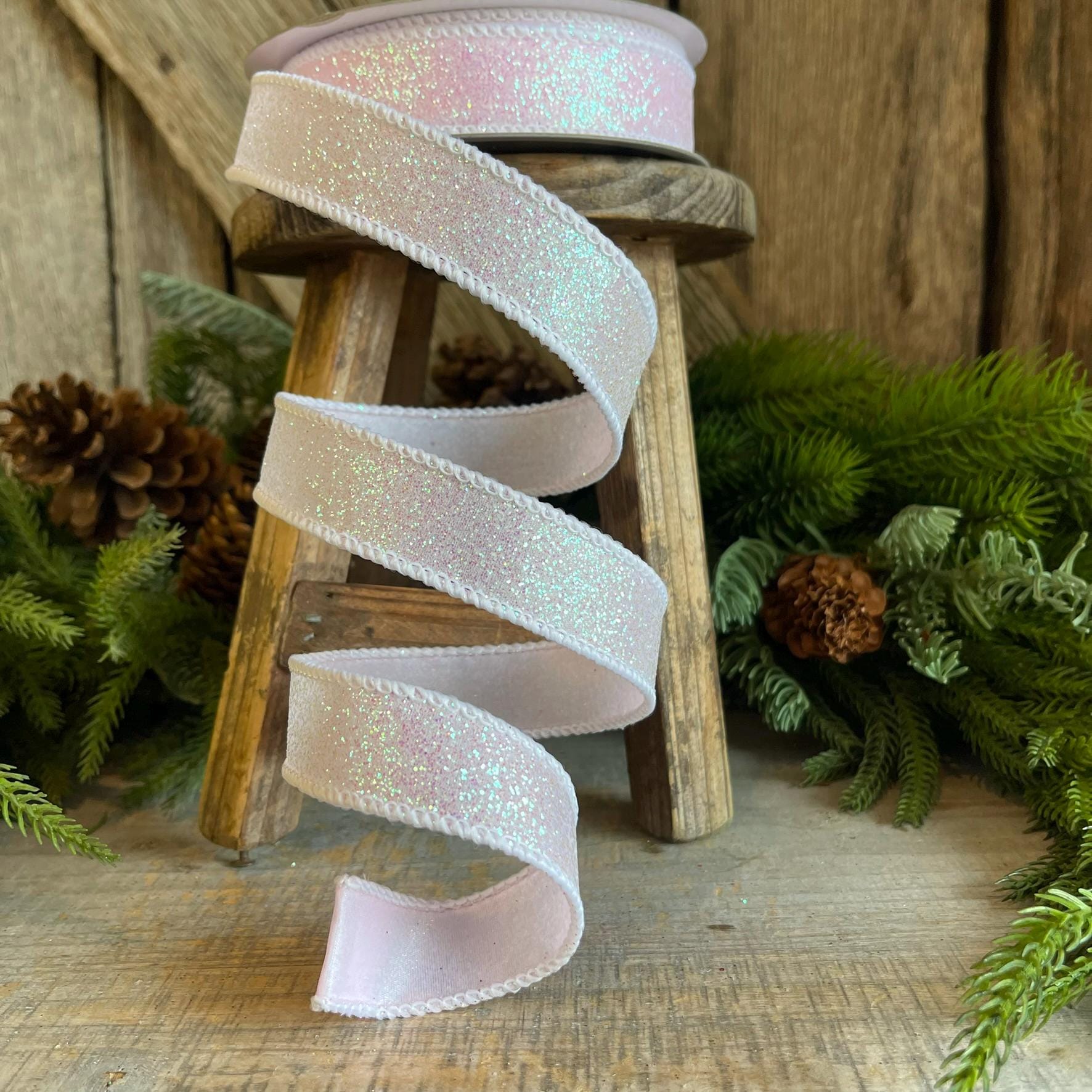 1" White Iridescent Sugar Frost Ribbon, Farrisilk Ribbon