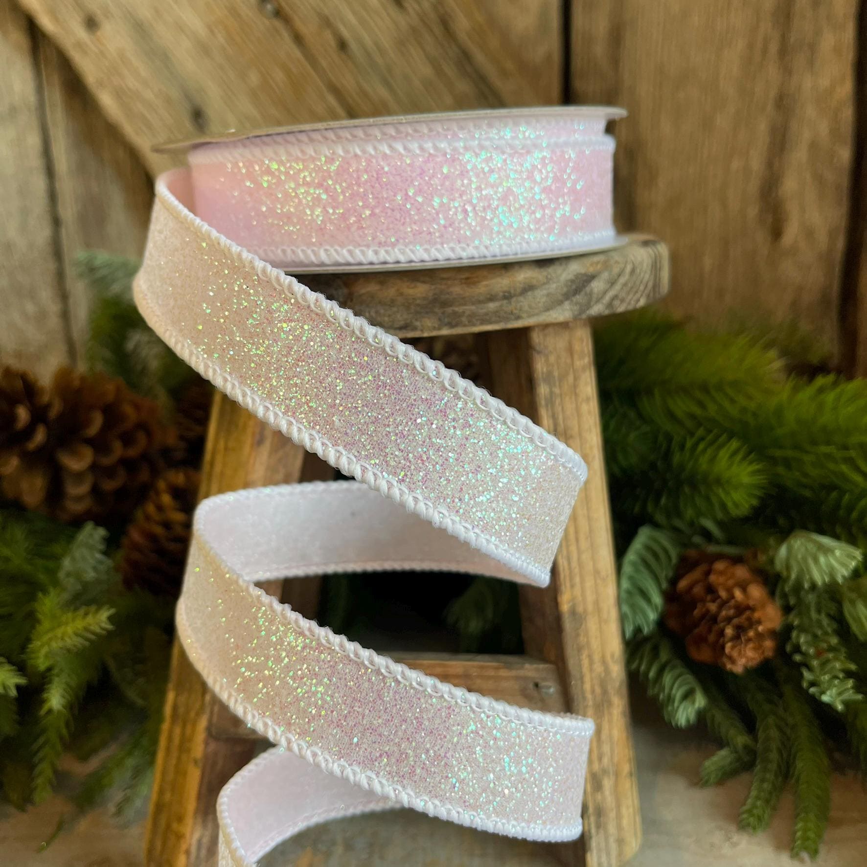 1" White Iridescent Sugar Frost Ribbon, Farrisilk Ribbon