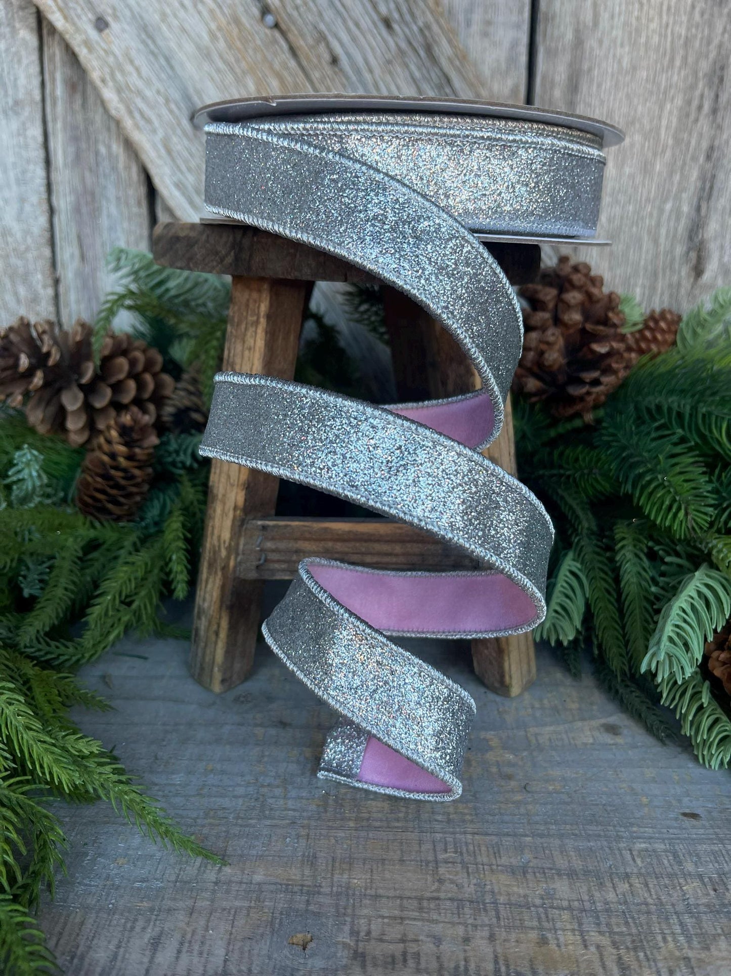 1" Silver Pink Glitter Wired RIbbon, Farrisilk Ribbon