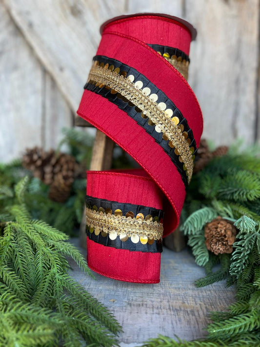 4" Red Black Nutcracker Frills, Farrisilk RIbbon, Wired RIbbon, Christmas Ribbon, Red Black Soldier Ribbon, Designer Ribbon, RK731-92