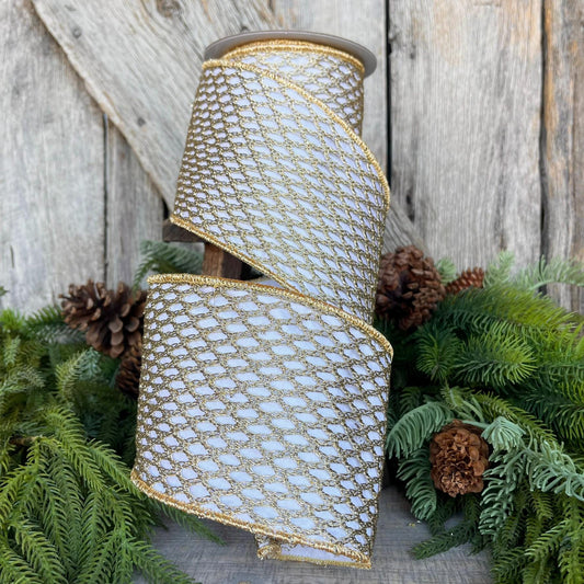 4" White Gold Ribbon, Farrisilk Ribbon, Gold lattice ribbon, REgal Gold Ribbon, Wired RIbbon, Gold Christmas Ribbon, RC102-43