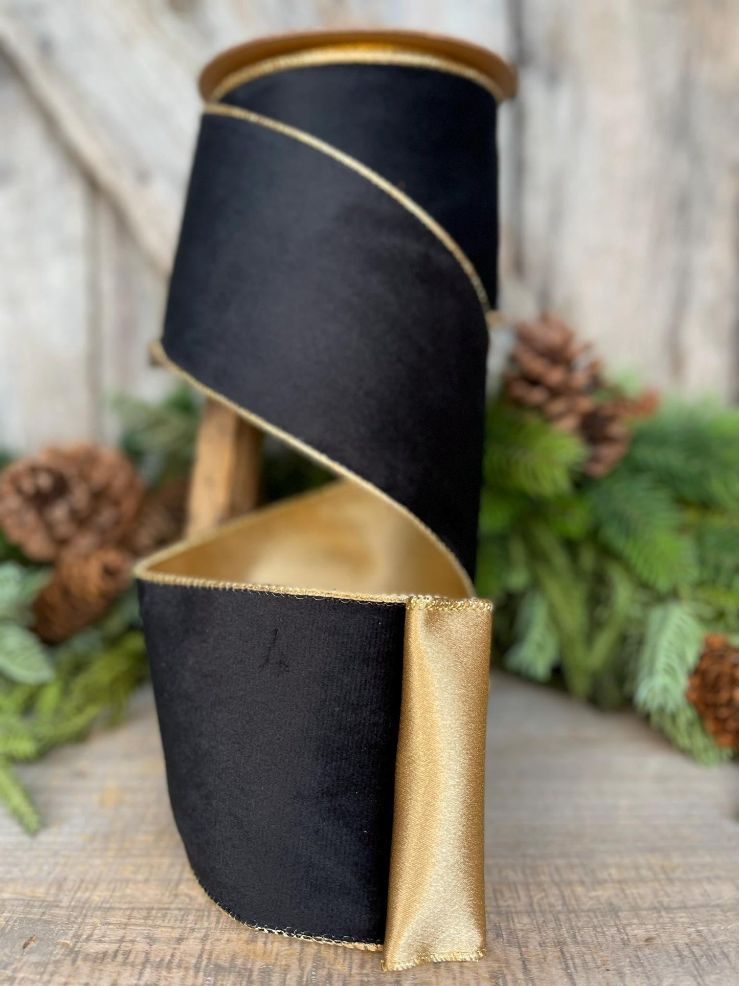 4" Black Velvet Ribbon, Wired RIbbon, Black Gold Velvet Ribbon, Christmas RIbbon, Designer Ribbon, Ribbon for Christmas Tree