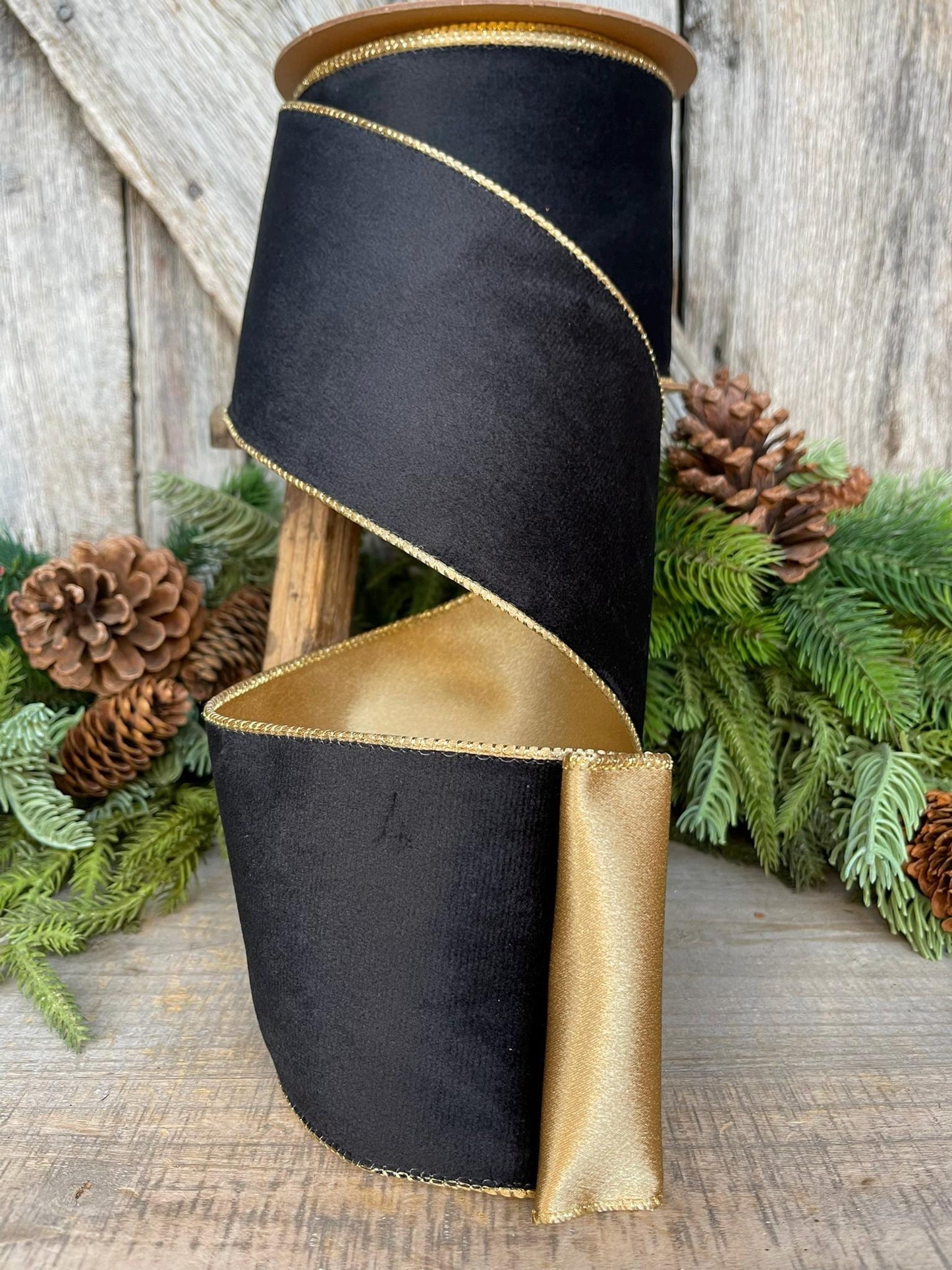 4" Black Velvet Ribbon, Wired RIbbon, Black Gold Velvet Ribbon, Christmas RIbbon, Designer Ribbon, Ribbon for Christmas Tree