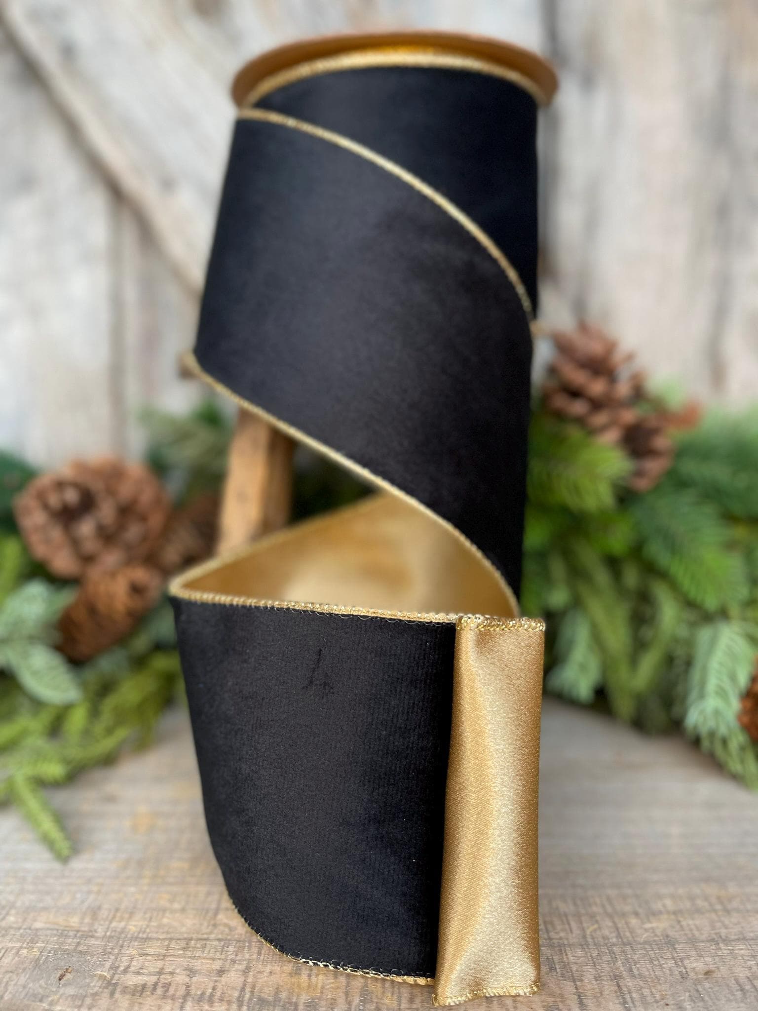 4" Black Velvet Ribbon, Wired RIbbon, Black Gold Velvet Ribbon, Christmas RIbbon, Designer Ribbon, Ribbon for Christmas Tree