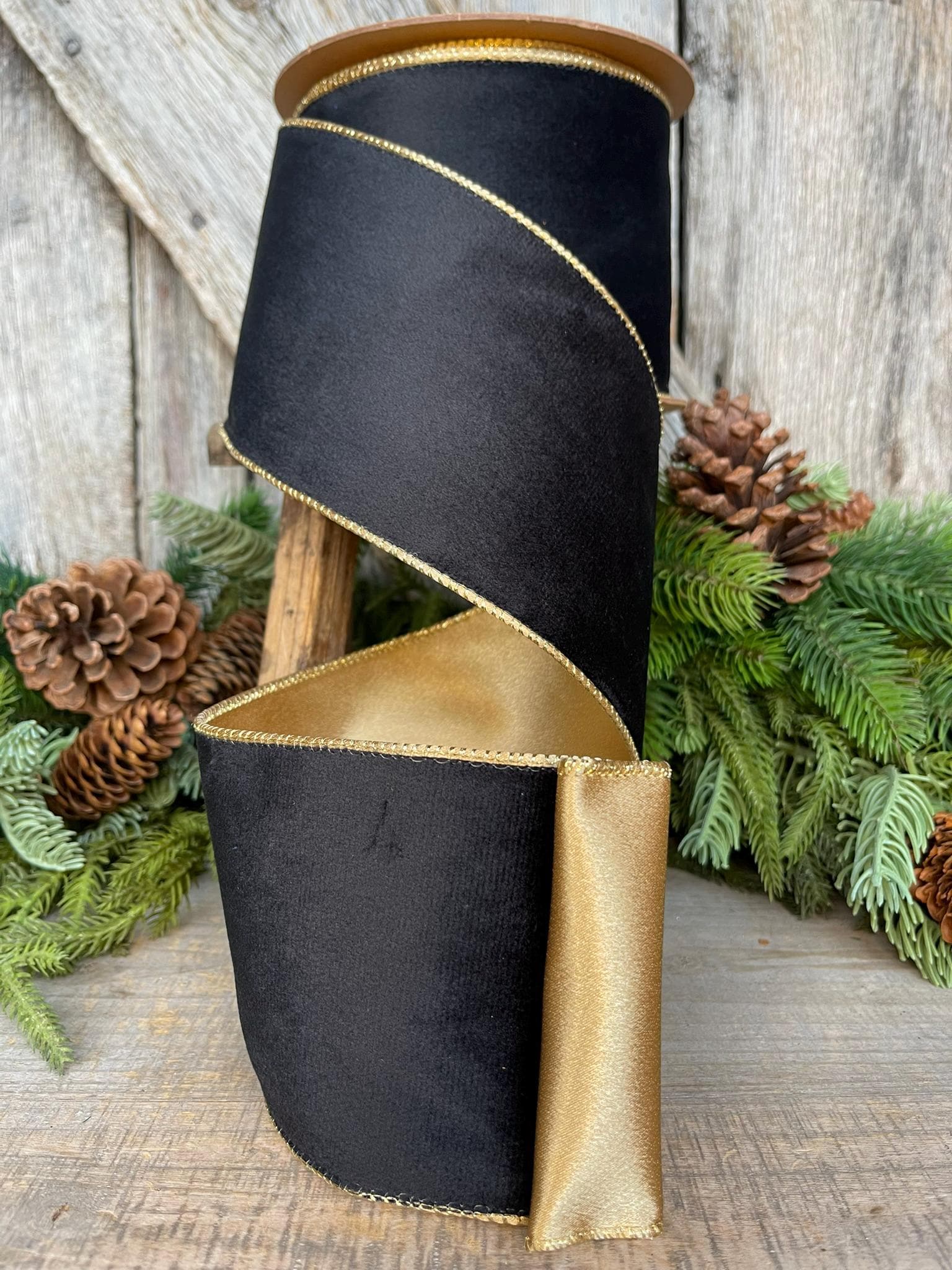 4" Black Velvet Ribbon, Wired RIbbon, Black Gold Velvet Ribbon, Christmas RIbbon, Designer Ribbon, Ribbon for Christmas Tree