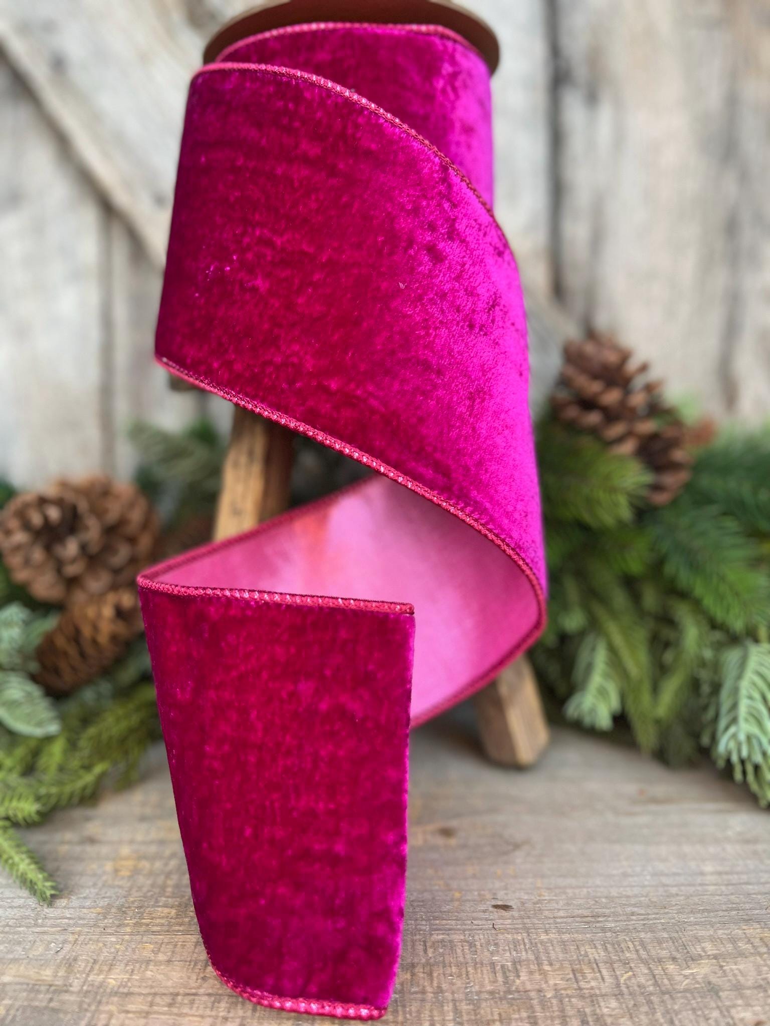 4" Hot Pink Velvet Ribbon, Wired Ribbon, Christmas Ribbon, Pink Christmas Velvet, Christmas Tree Ribbon, Pink Ribbon