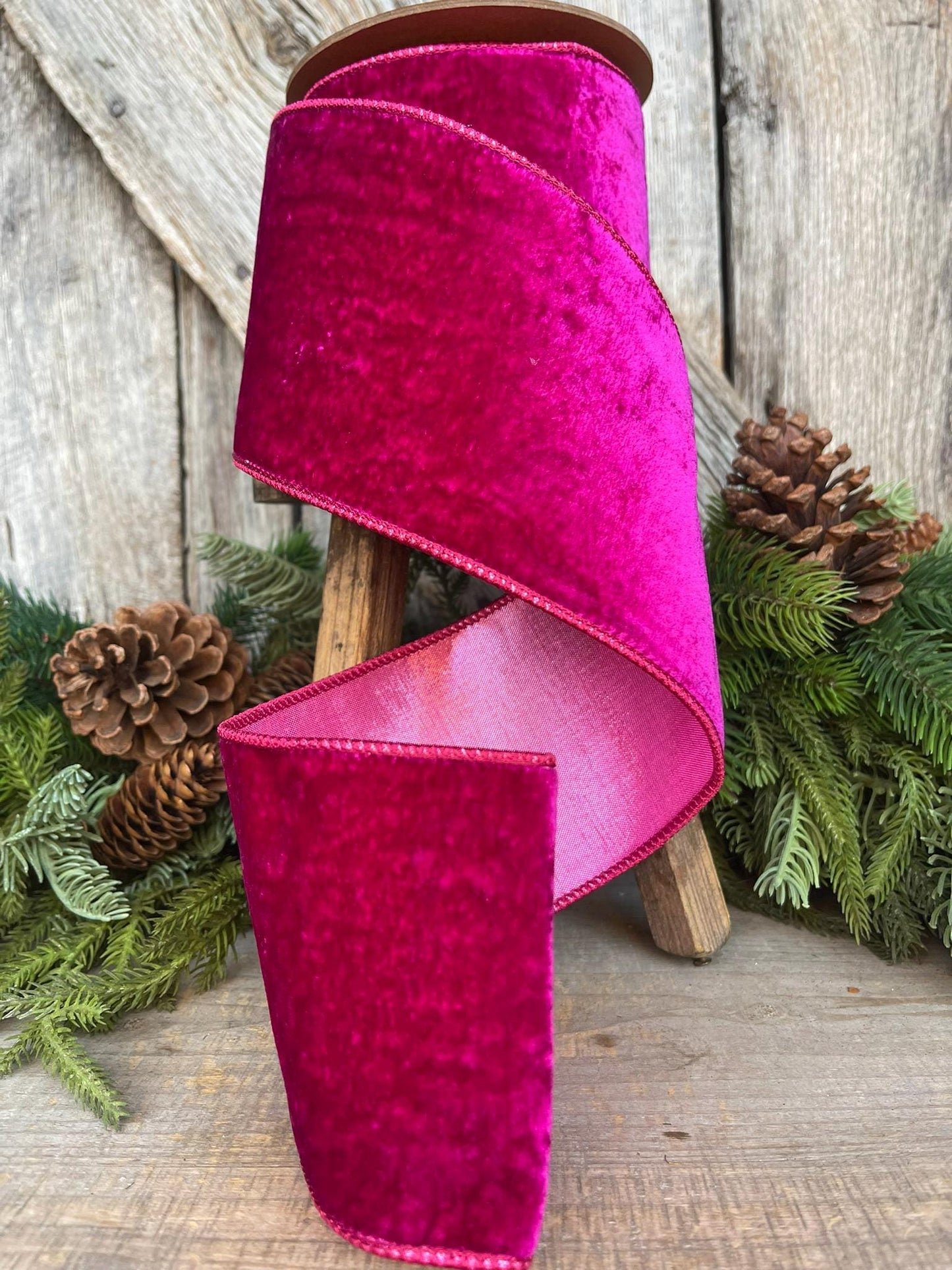 4" Hot Pink Velvet Ribbon, Wired Ribbon, Christmas Ribbon, Pink Christmas Velvet, Christmas Tree Ribbon, Pink Ribbon