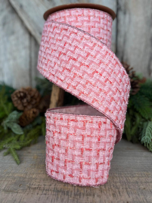 4" Pink Tweed Ribbon, Pink Christmas Ribbon, Designer Ribbon, Pink Christmas Tree Ribbon, Pink Tweed Design Inspired RIbbon