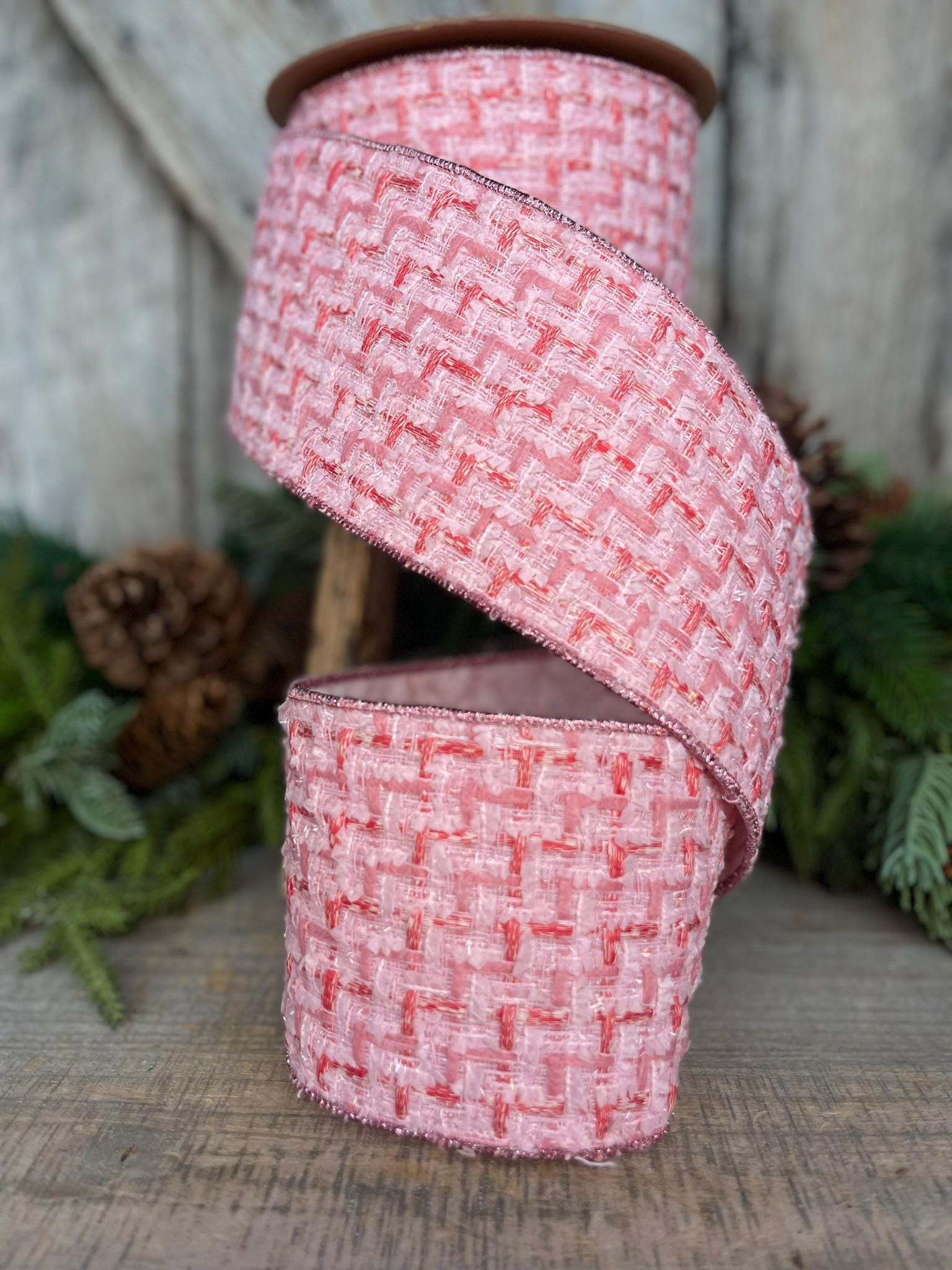 4" Pink Tweed Ribbon, Pink Christmas Ribbon