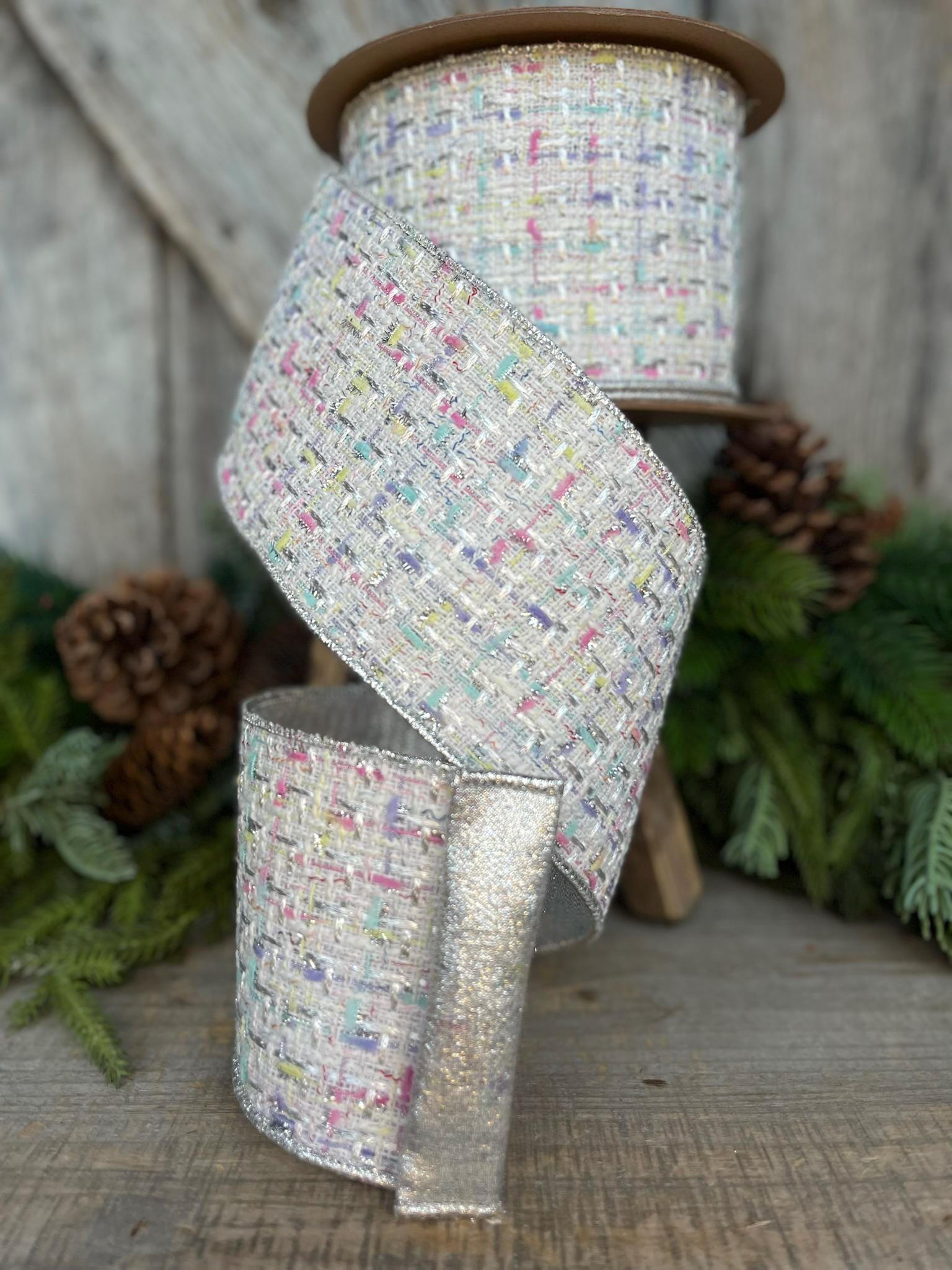 4" White Tweed Ribbon, Pastel Christmas Ribbon, Designer Ribbon, White Christmas Tree Ribbon, White Tweed, Designer Inspired RIbbon