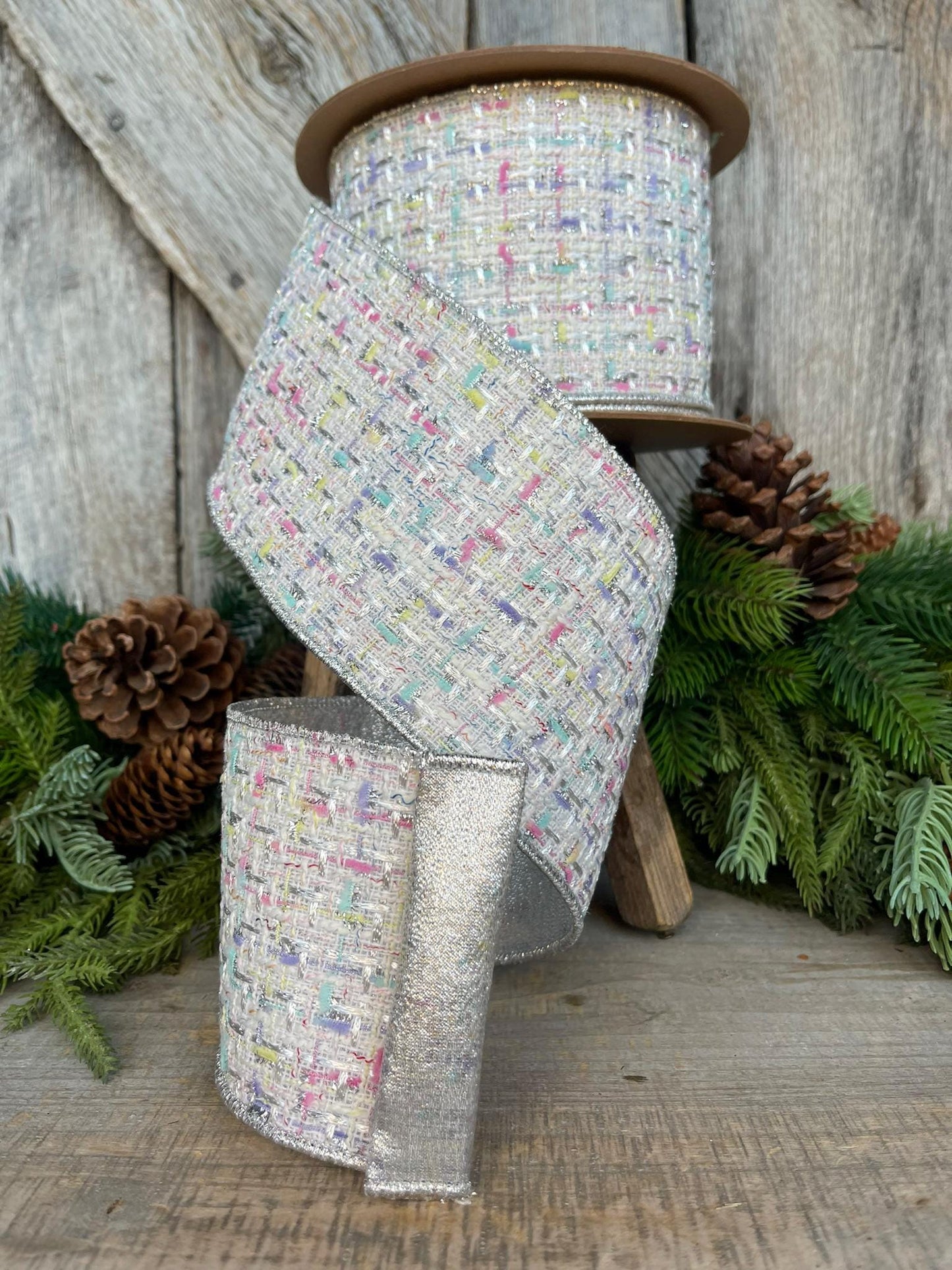 4" White Tweed Ribbon, Pastel Christmas Ribbon, Designer Ribbon, White Christmas Tree Ribbon, White Tweed, Designer Inspired RIbbon