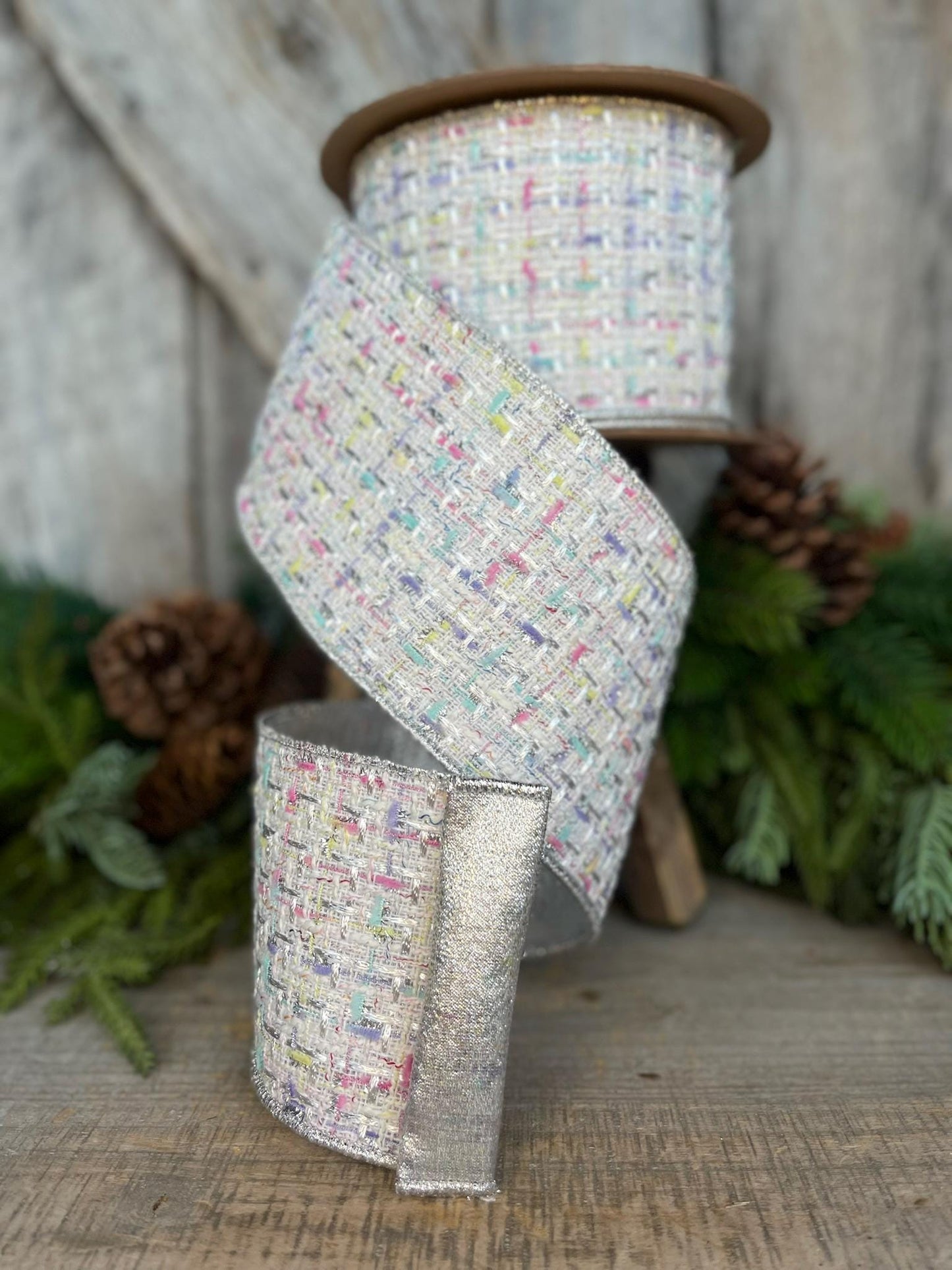 4" White Tweed Ribbon, Pastel Christmas Ribbon, Designer Ribbon, White Christmas Tree Ribbon, White Tweed, Designer Inspired RIbbon