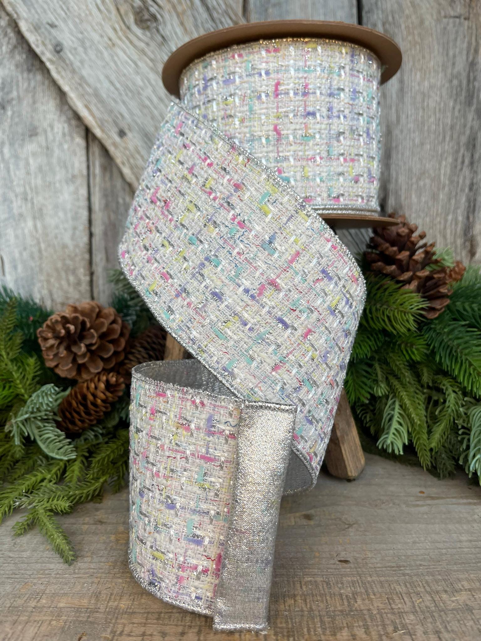 4" White Tweed Ribbon, Pastel Christmas Ribbon, Designer Ribbon, White Christmas Tree Ribbon, White Tweed, Designer Inspired RIbbon