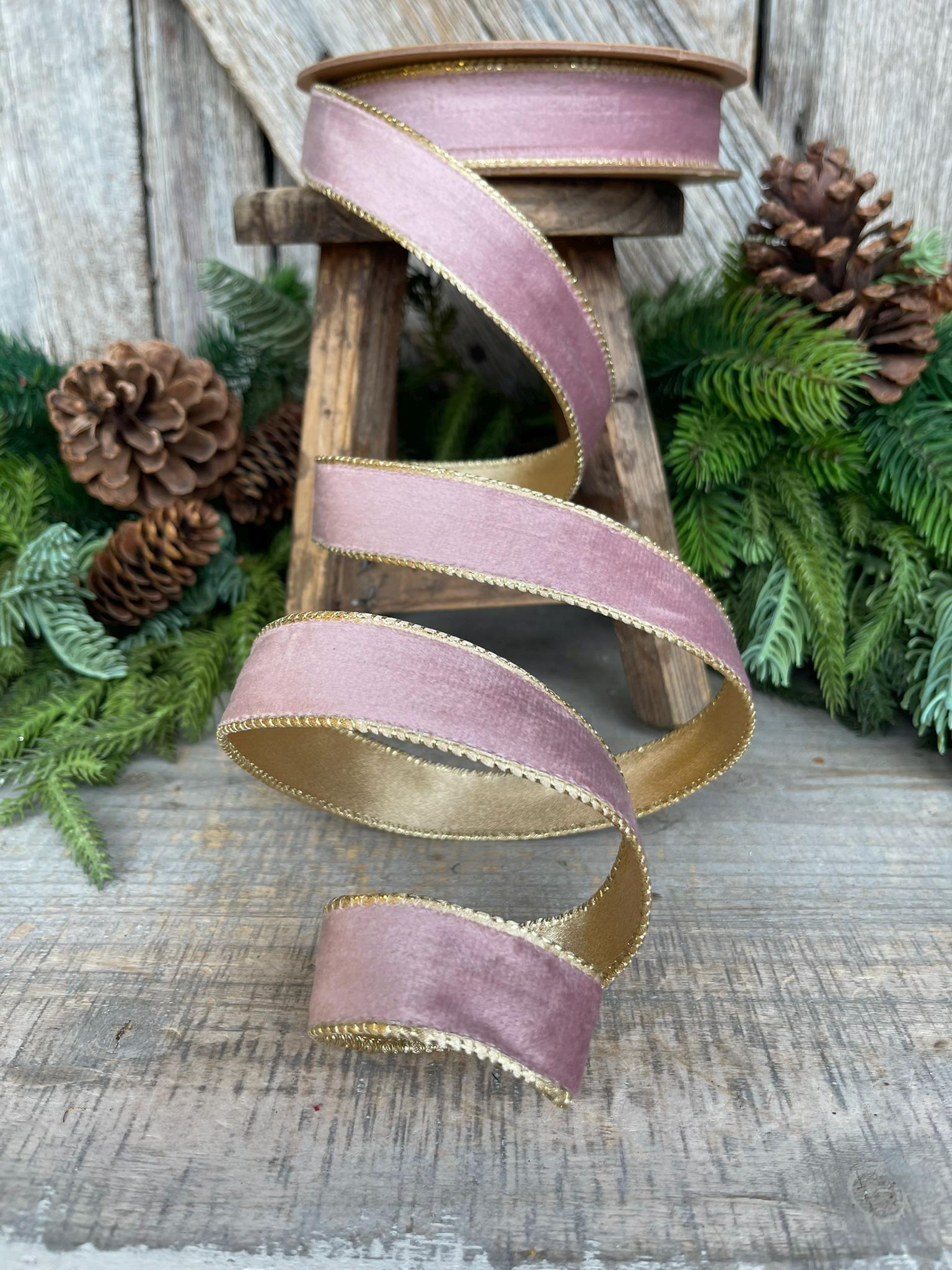 1" Dusty Pink Velvet Ribbon, Pink & Gold Velvet Ribbon, Wired Ribbon, Christmas Ribbon, Pink Christmas RIbbon, Dusty Rose Velvet