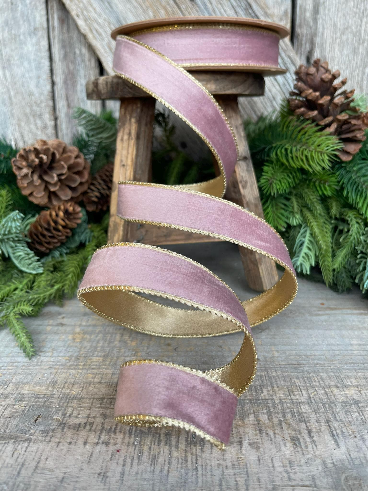 1" Dusty Pink Velvet Ribbon, Pink & Gold Velvet Ribbon