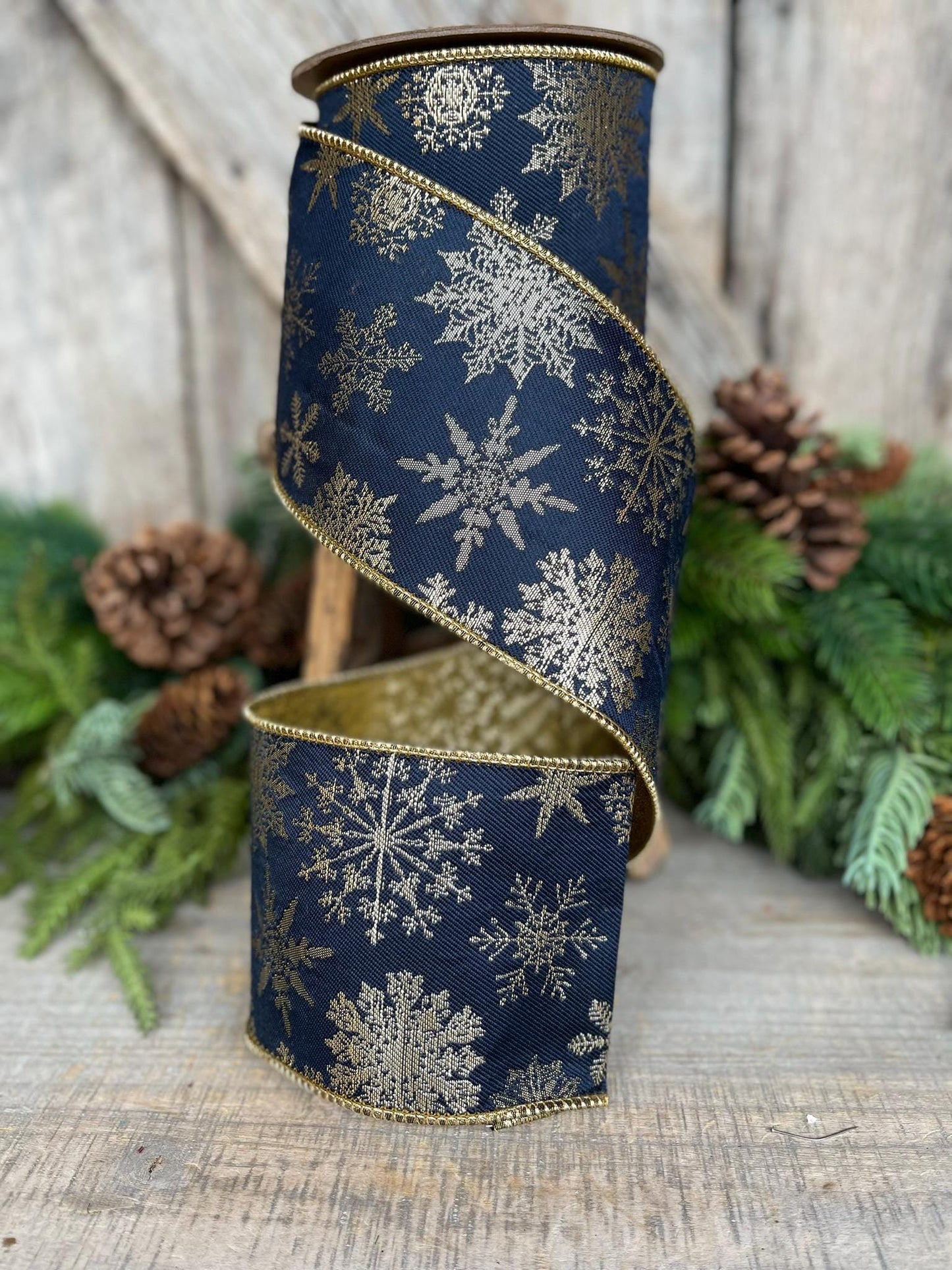 4" Navy Blue Snowflake Wired Ribbon, Christmas RIbbon, Christmas Tree Ribbon, Blue Gold RIbbon, Designer Christmas Ribbon