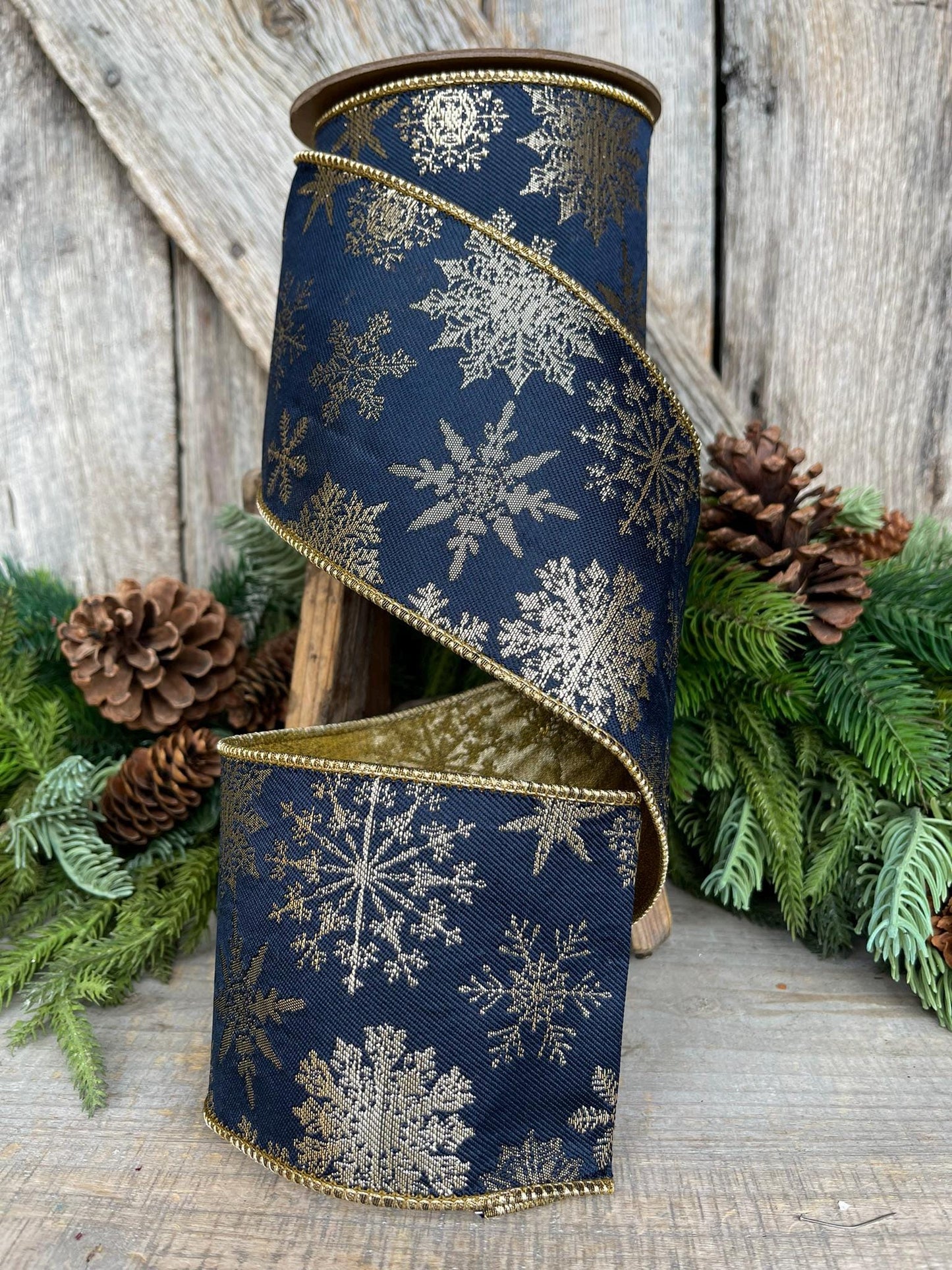 4" Navy Blue Snowflake Wired Ribbon, Christmas RIbbon, Christmas Tree Ribbon, Blue Gold RIbbon, Designer Christmas Ribbon