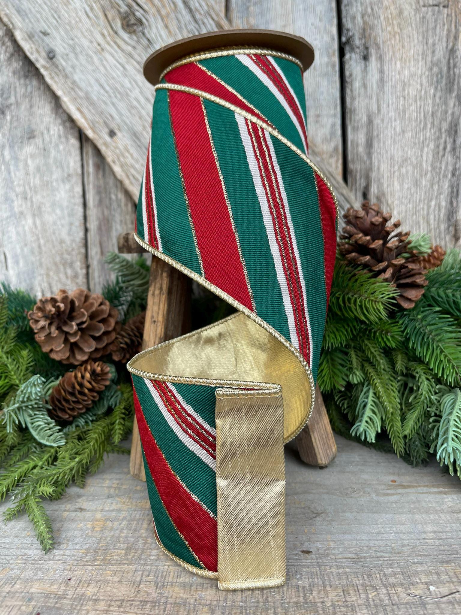 4" REd Green GOld Diagonal Stripe Ribbon, Wired Ribbon, Designer Ribbon, Emerald Green Ribbon, Christmas Tree Ribbon, Christmas Decor