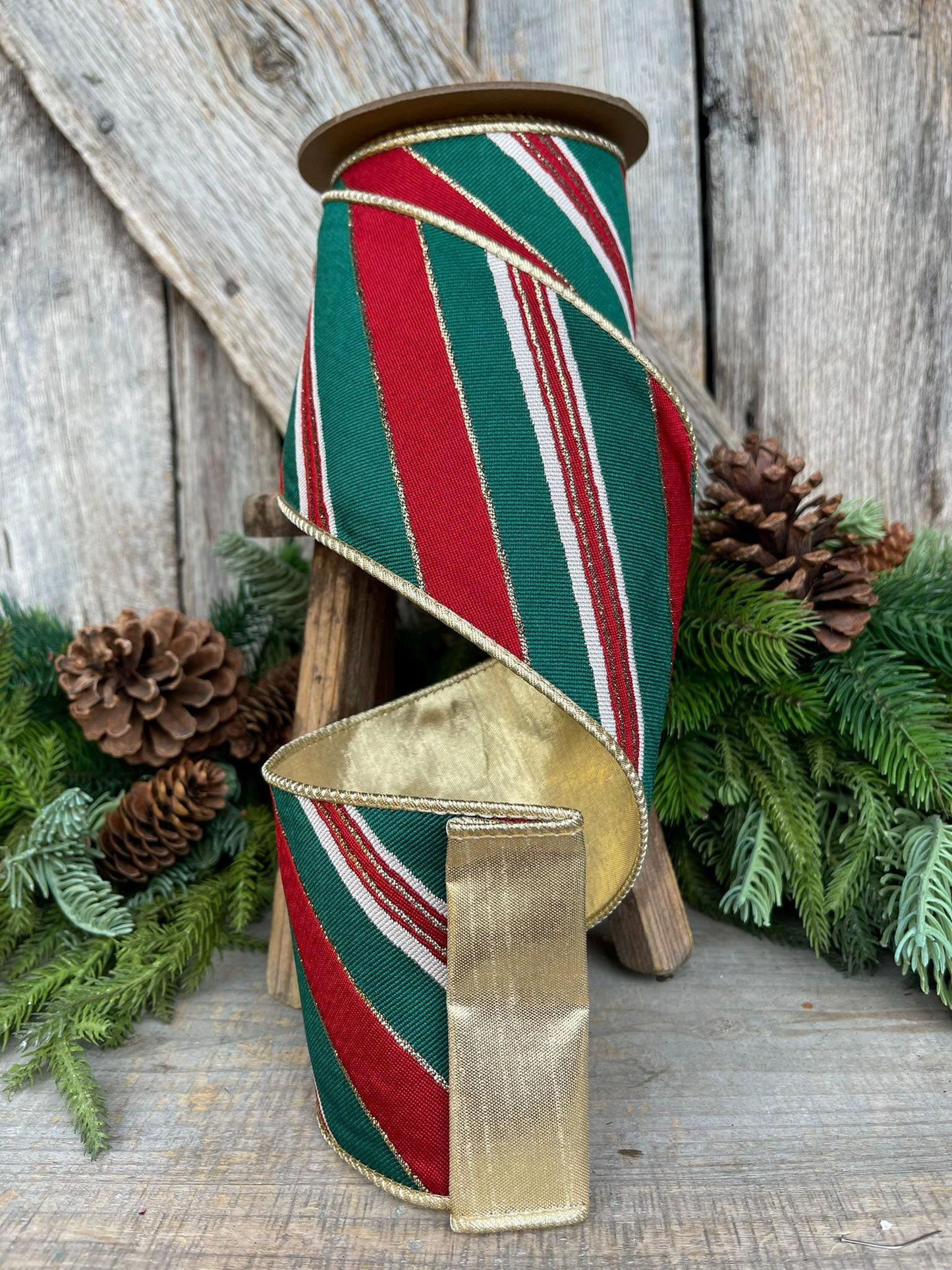 4" REd Green GOld Diagonal Stripe Ribbon, Wired Ribbon, Designer Ribbon, Emerald Green Ribbon, Christmas Tree Ribbon, Christmas Decor