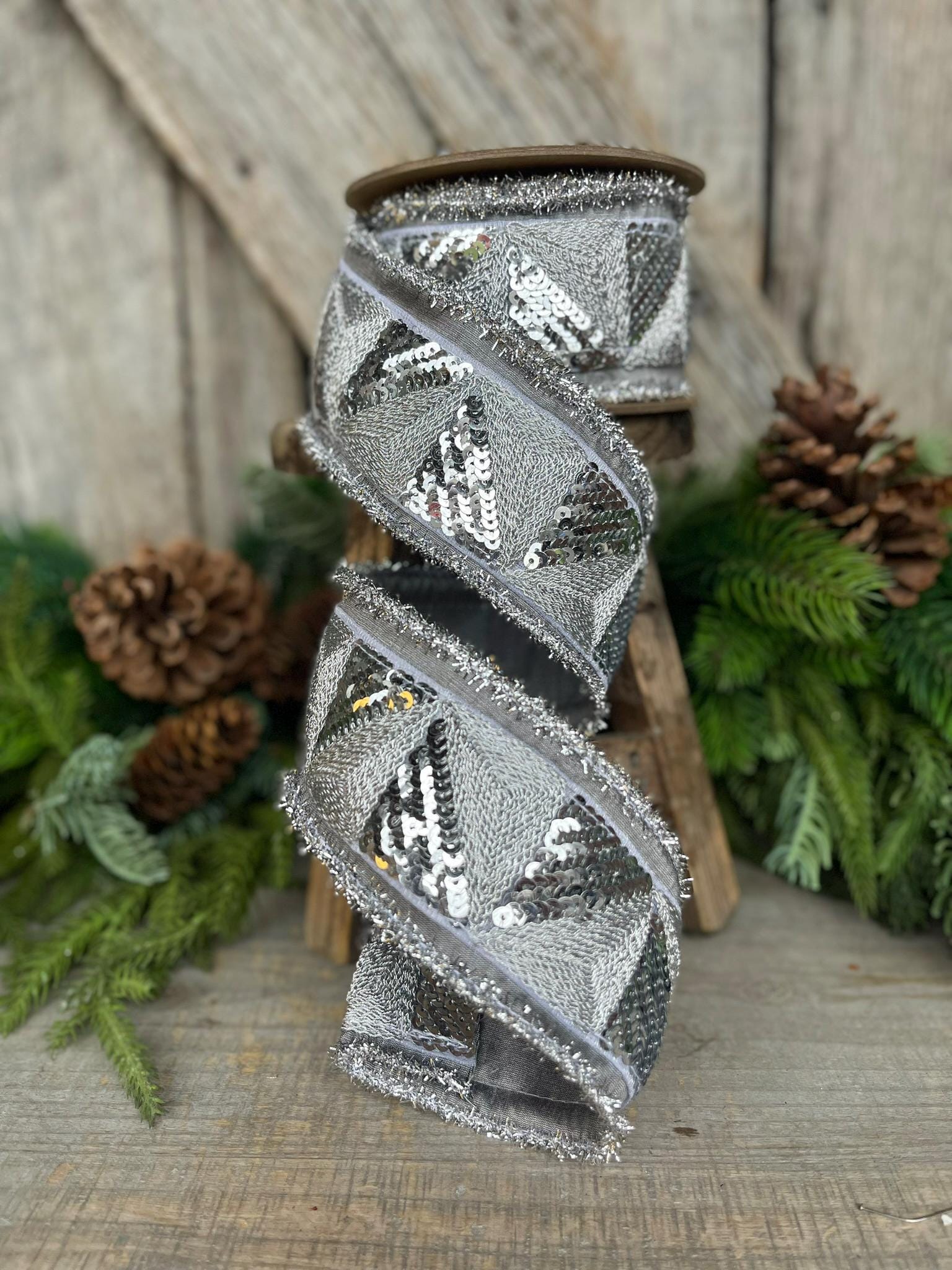 2.5" Silver Sequin Ribbon, Silver Christmas Ribbon, Disco Ribbon, Silver Wired Ribbon, Silver Christmas Tree RIbbon, Wired Ribbon