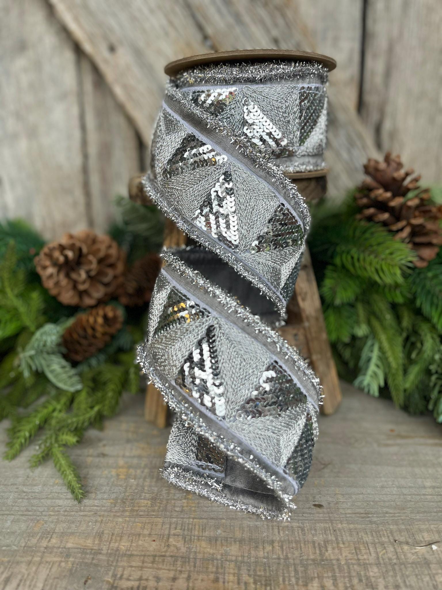 2.5" Silver Sequin Ribbon, Silver Christmas Ribbon, Disco Ribbon, Silver Wired Ribbon, Silver Christmas Tree RIbbon, Wired Ribbon