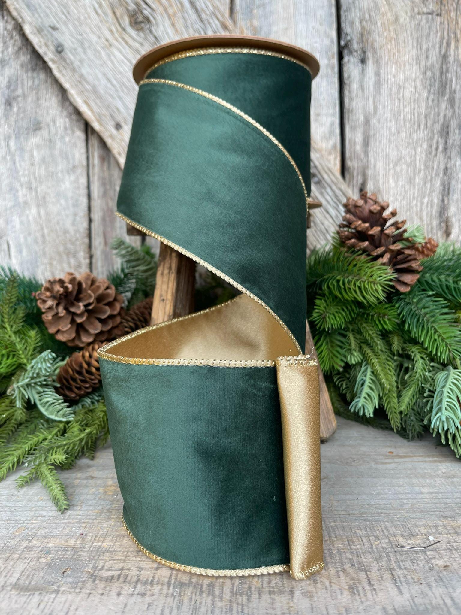 4" Green Velvet Ribbon, Green & Gold Velvet Ribbon, Christmas RIbbon, Hunter Green Velvet Ribbon, Designer Ribbon,Gift Wrap Ribbon,Christmas