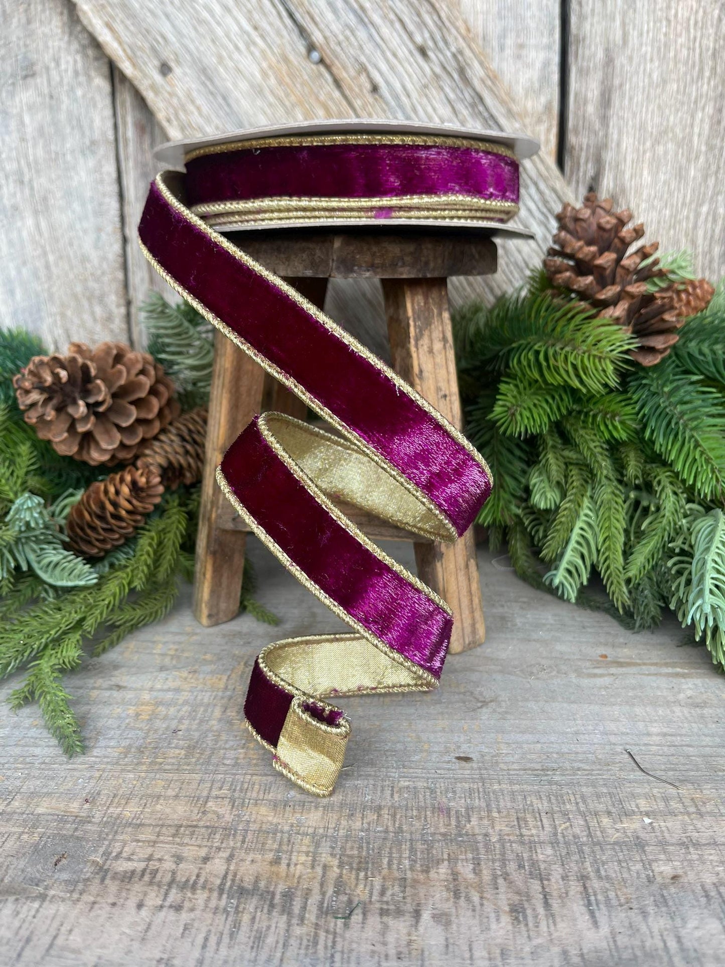 1" Purple Flashy Velvet, Farrisilk Ribbon, Wired Ribbon, Purple Velvet Ribbon, Purple and Gold Velvet, Christmas Ribbon, RK466-27