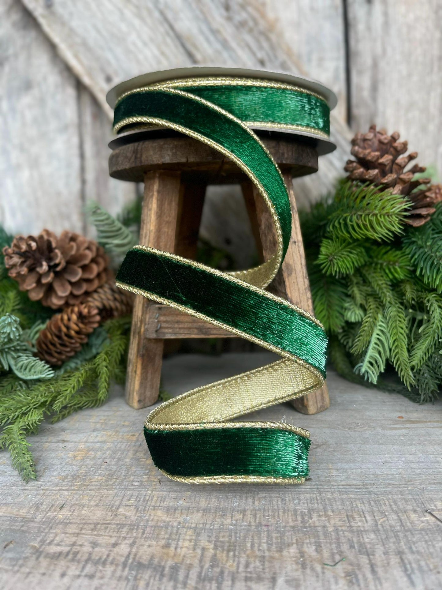 1" Emerald and Gold Velvet Sheen Ribbon, Green Velvet Ribbon, Wired Ribbon, Christmas Ribbon, Christmas Decor, 1 inch Velvet Ribbon,RK466-55