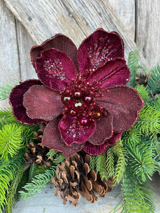 7" Burgundy Magnolia Stem, Farrisilk Magnolia, Grand Magnolia, Christmas Tree Magnolia, Christmas Floral Stem, Burgundy Maroon, CF009-11