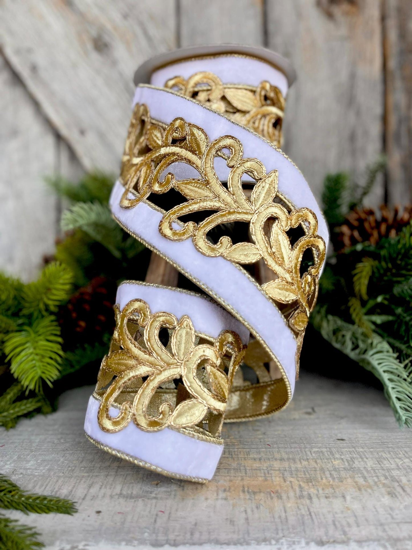 4" White Gold Embroidered Lancet Ribbon, Farrisilk Ribbon, White Christmas Tree Ribbon, Fancy Gold Scroll Ribbon, Christmas Ribbon, RK468-21