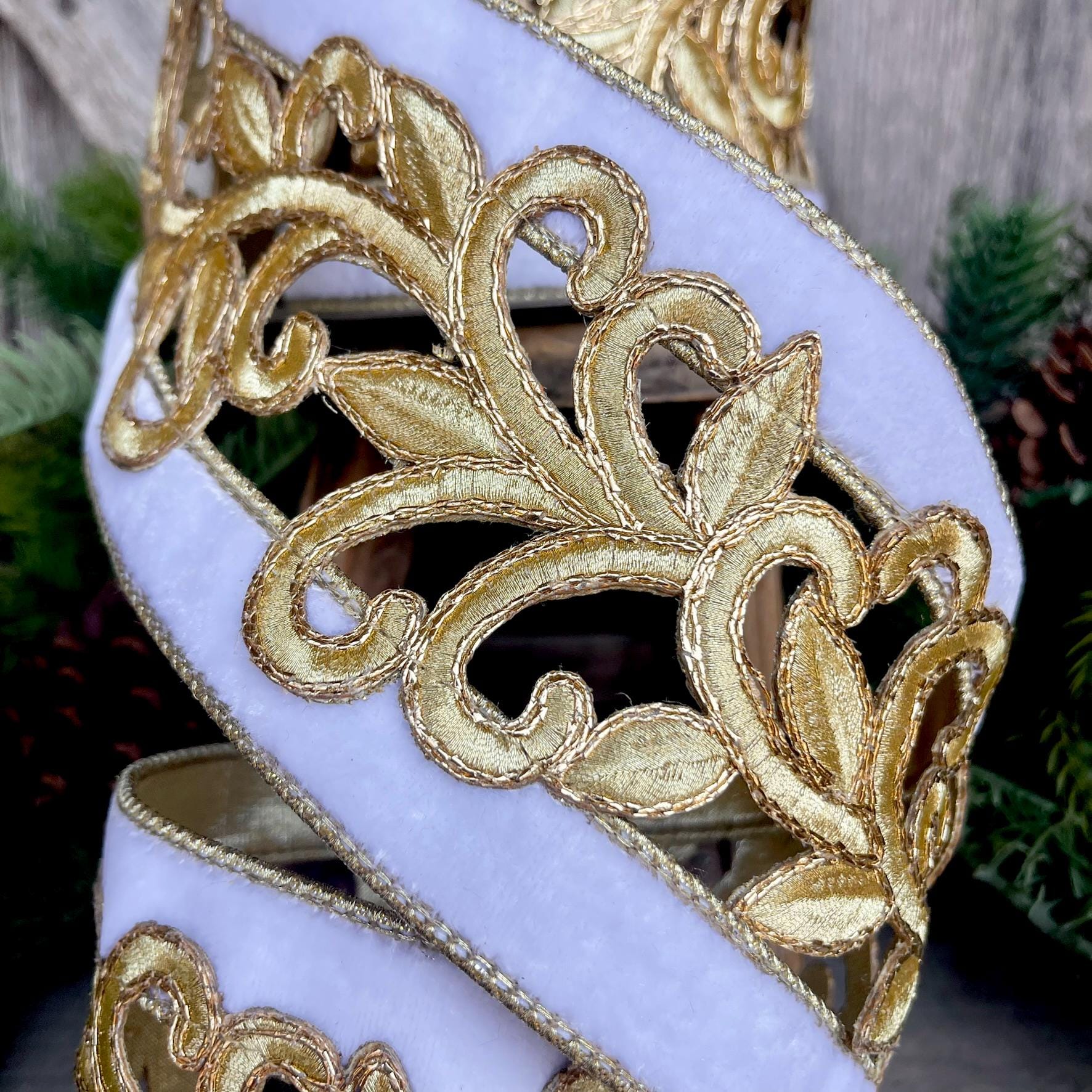 4" White Gold Embroidered Lancet Ribbon, Farrisilk Ribbon, White Christmas Tree Ribbon, Fancy Gold Scroll Ribbon, Christmas Ribbon, RK468-21